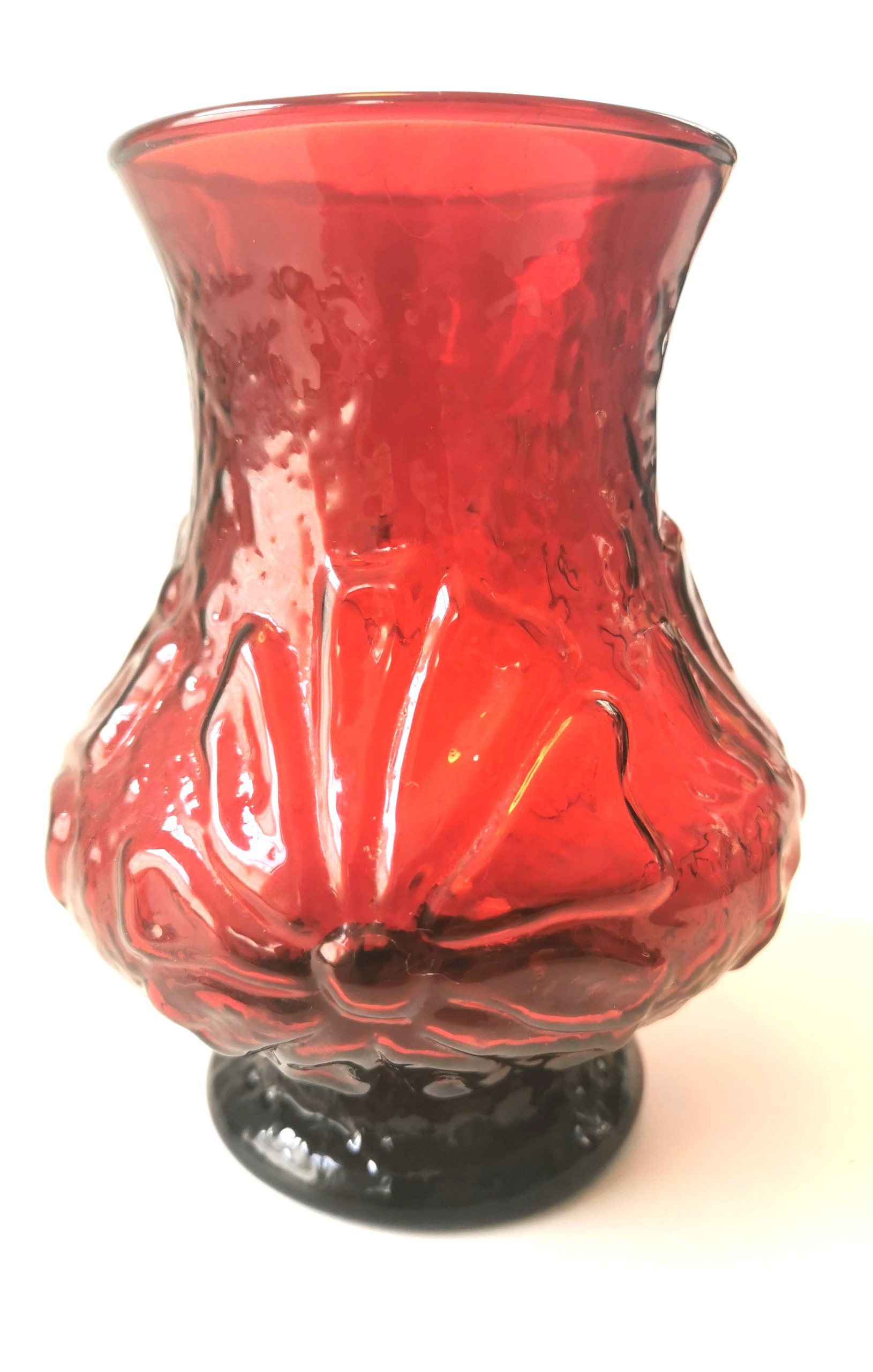 1950s Anchor Hocking Ruby Red Art Glass Vase Black Base 5.5"