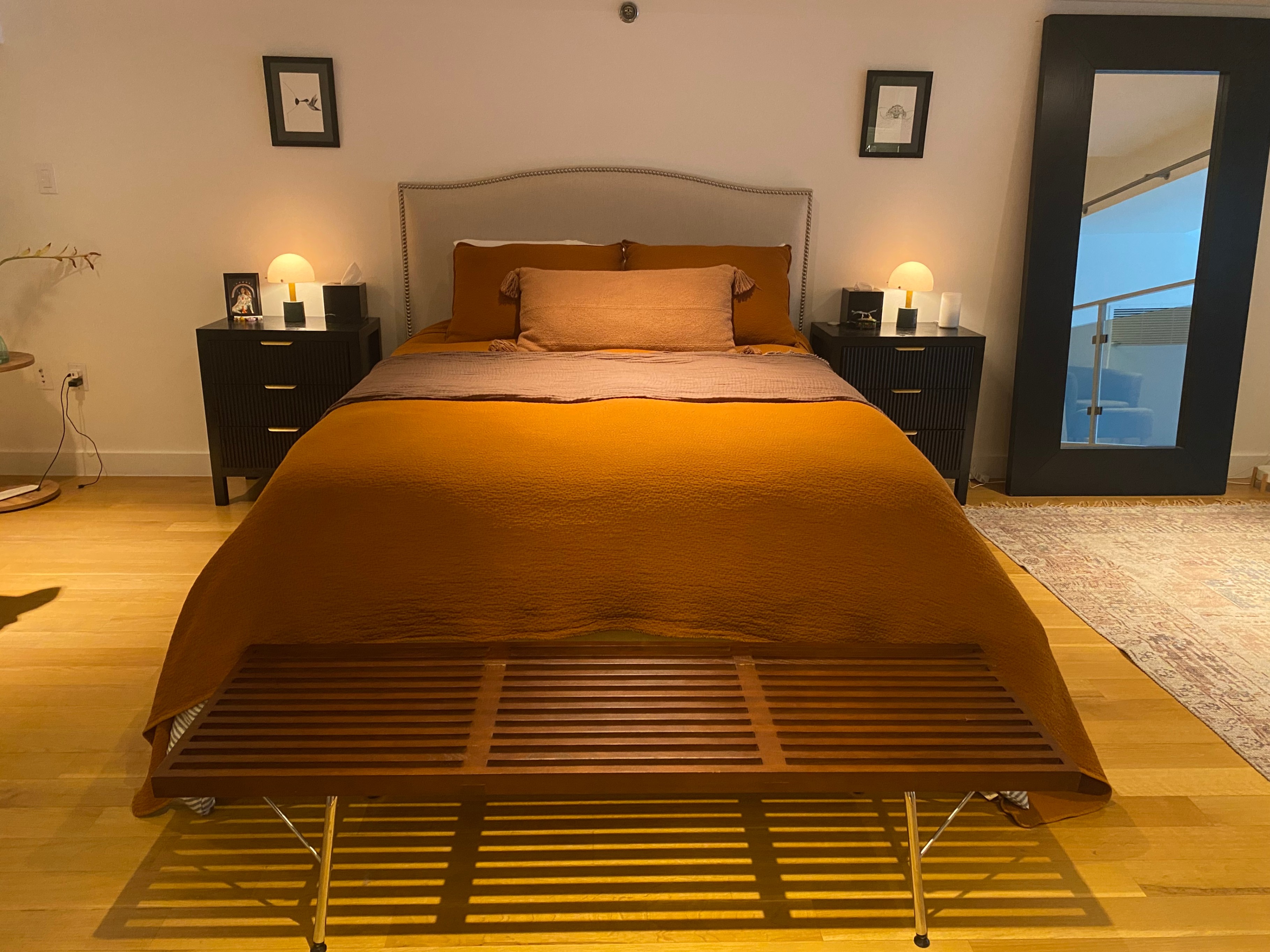 Like new Crate & Barrel Queen Bed+Mattress -Linen, Storage Bed