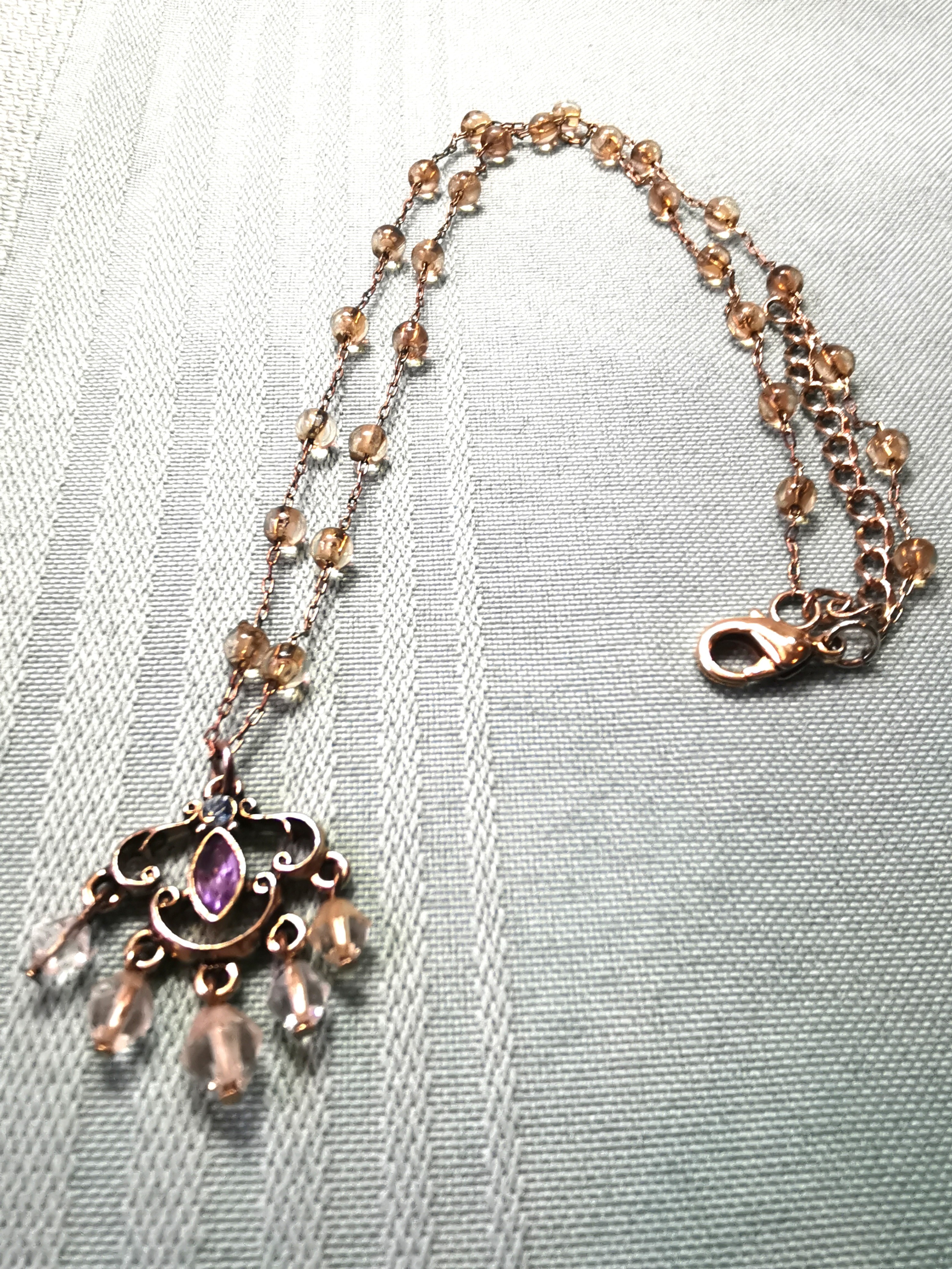 70s Victorian Revival Brass Filigree Necklace Amethyst Glass 18" - photo 5