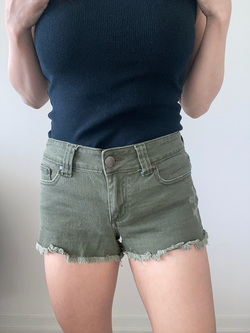 Women's Distressed Green Denim Shorts