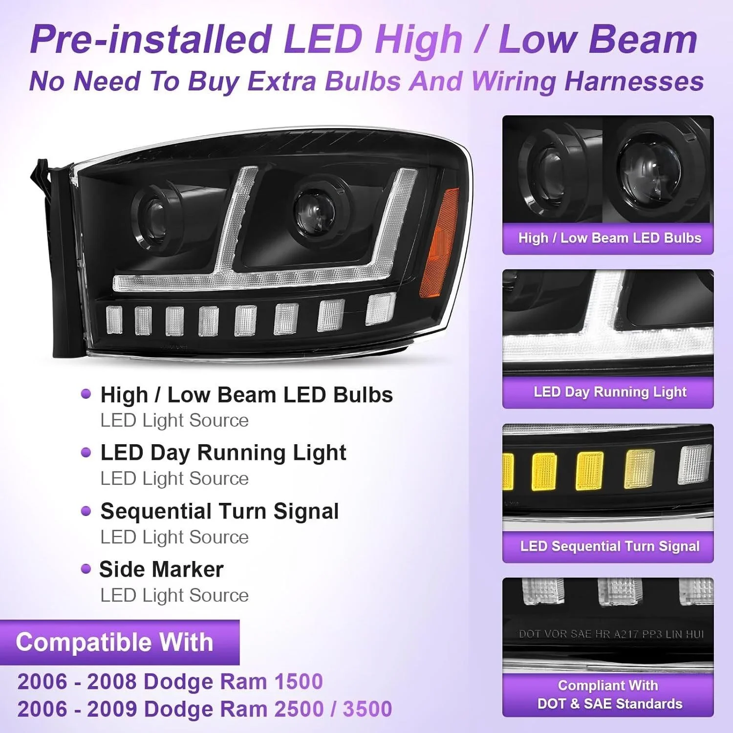 NEW Dodge Ram LED Projector Headlight Assembly 2006 - 2008 - photo 3