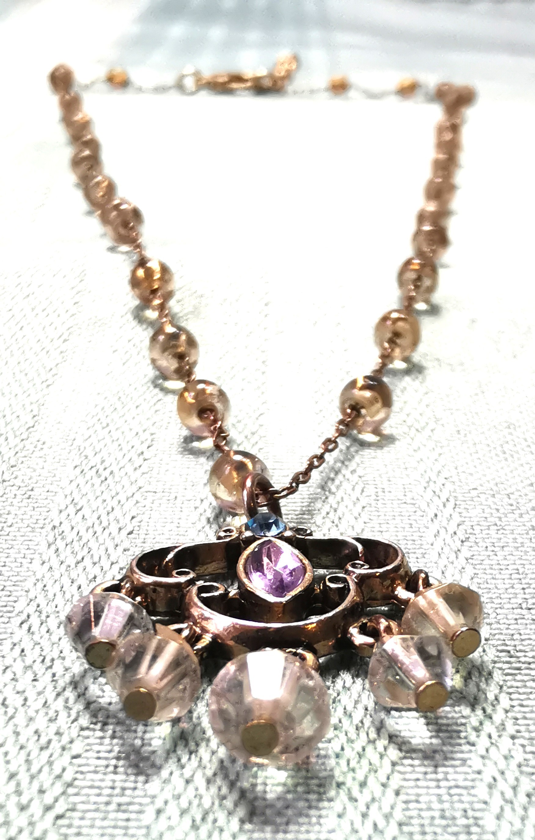 70s Victorian Revival Brass Filigree Necklace Amethyst Glass 18" - photo 2