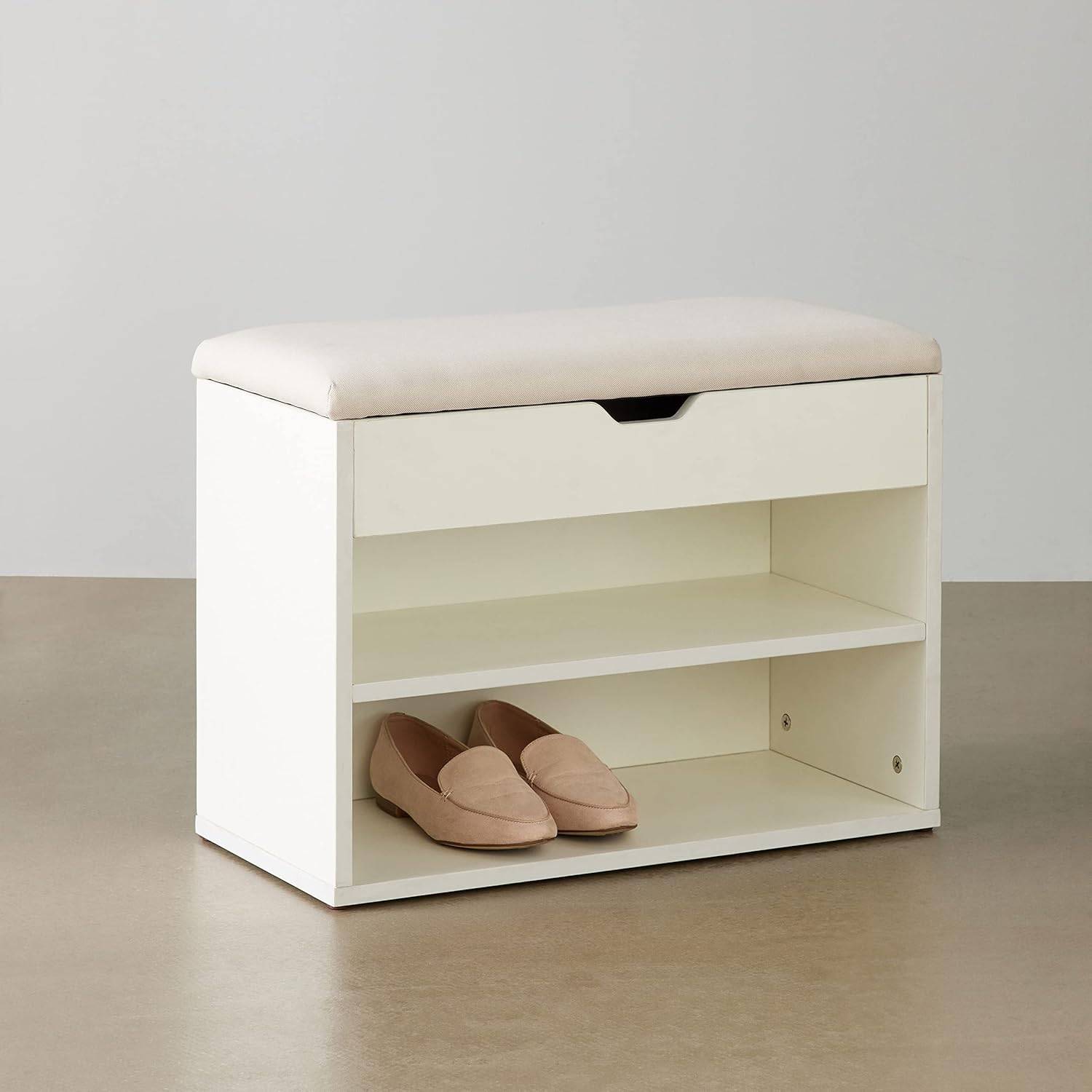 2 Tier Wooden Shoe Rack, Beige Fabric Cushion