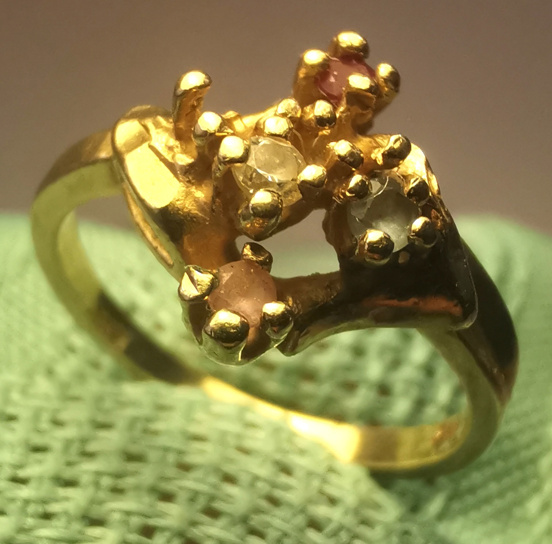 1980s 14K Yellow Gold Multi-Gemstone Nugget Ring Size 6.5 - photo 4