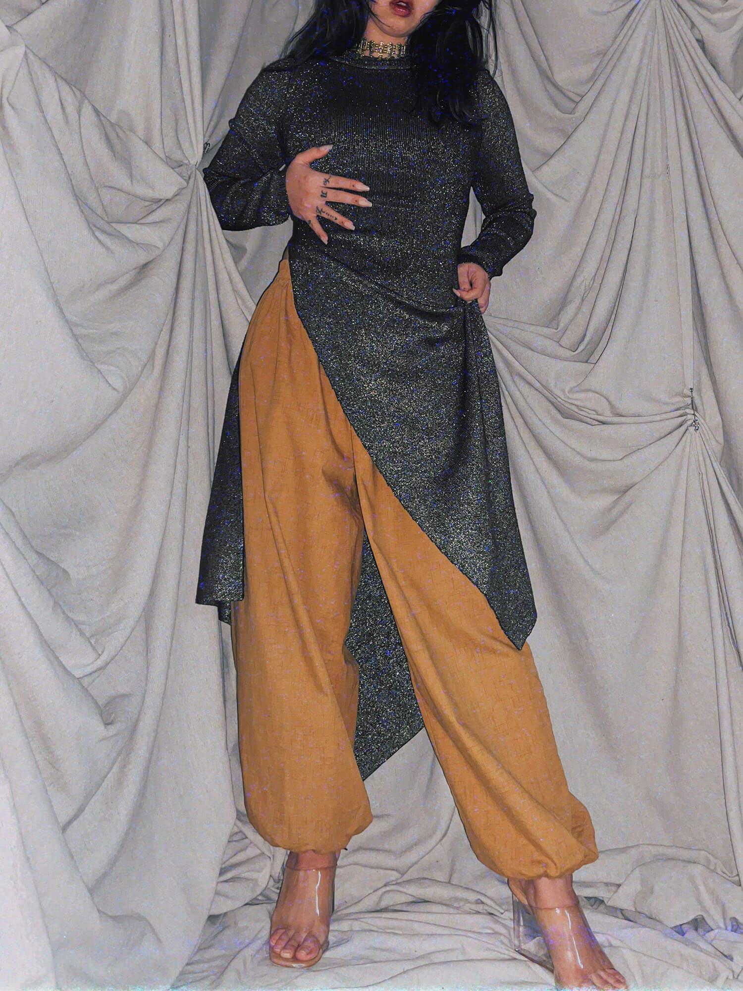 green black sparkle long asymmetrical sweater longs sleeve shirt - photo 2