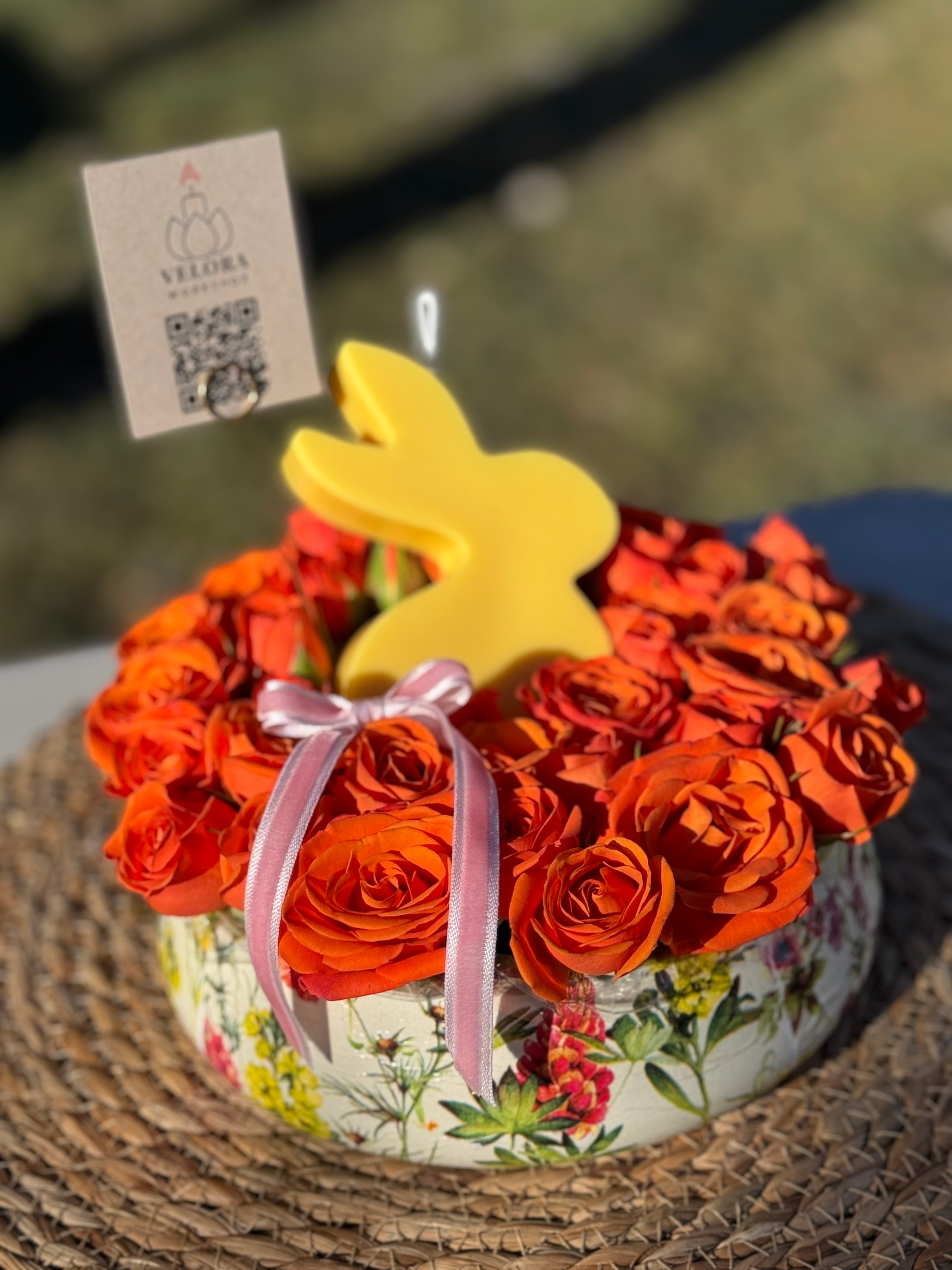 Fresh Flower Arrangement in Decoupage Cement Vase & Bunny Candle - photo 4