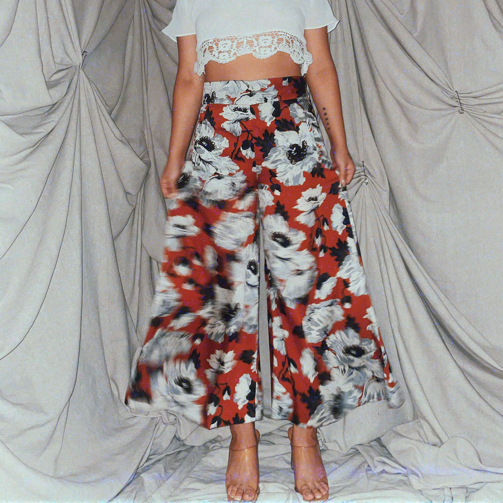brown flower silk pants ★ high waist wide leg flare