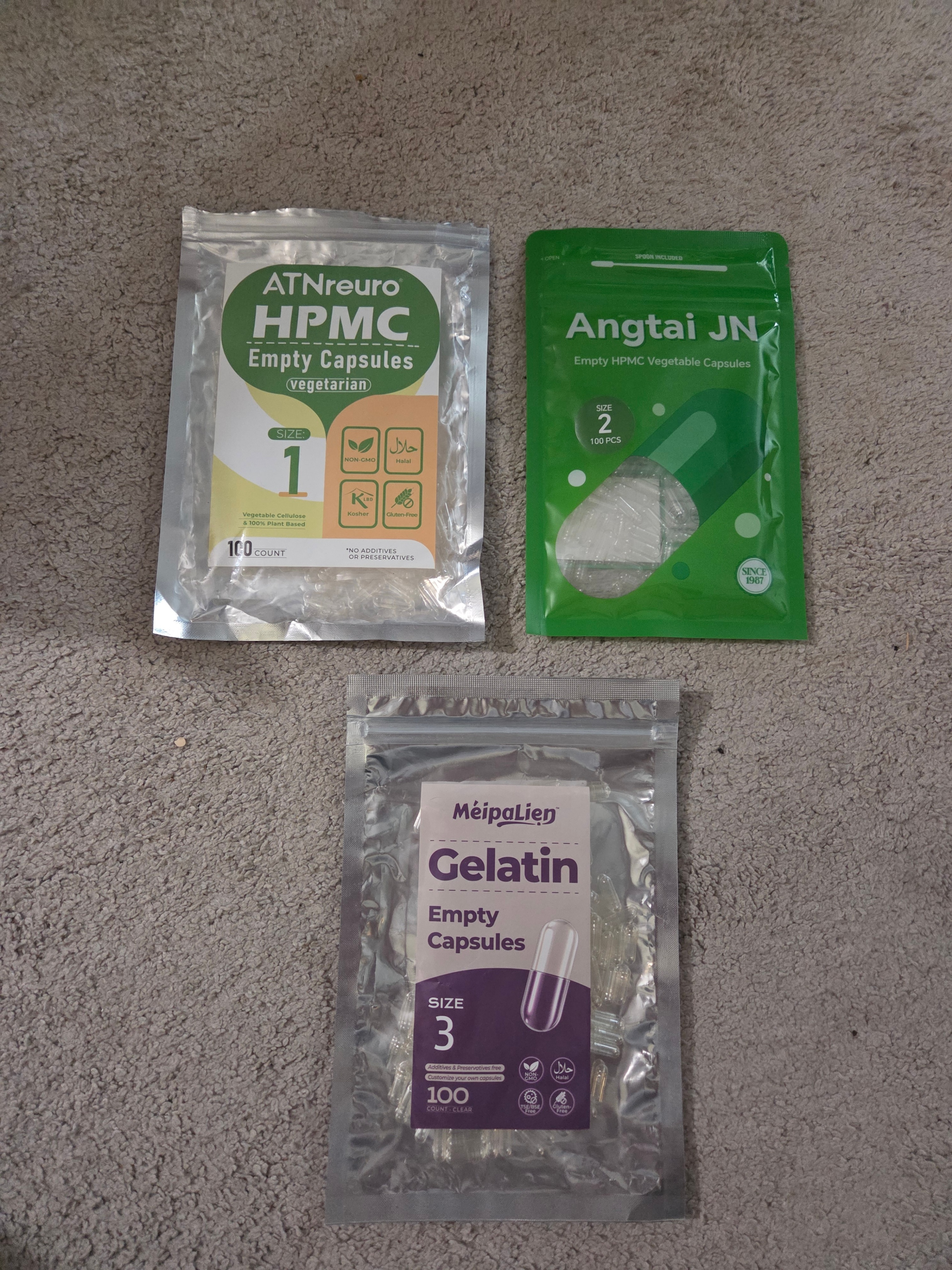 NEW Assorted Empty Capsules – Sizes 1, 2, 3 (HPMC & Gelatin)