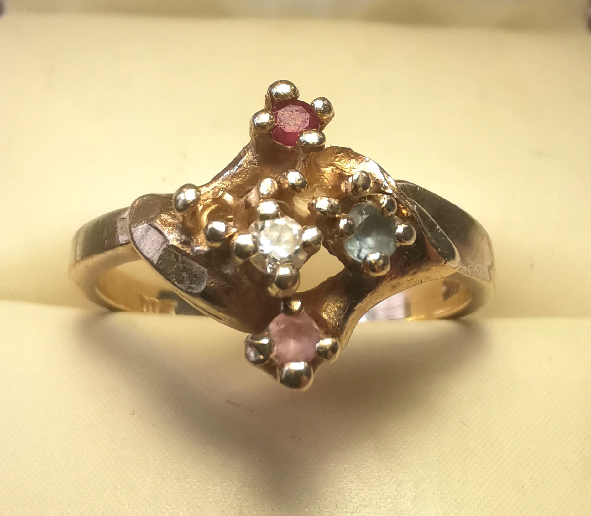 1980s 14K Yellow Gold Multi-Gemstone Nugget Ring Size 6.5 - photo 2