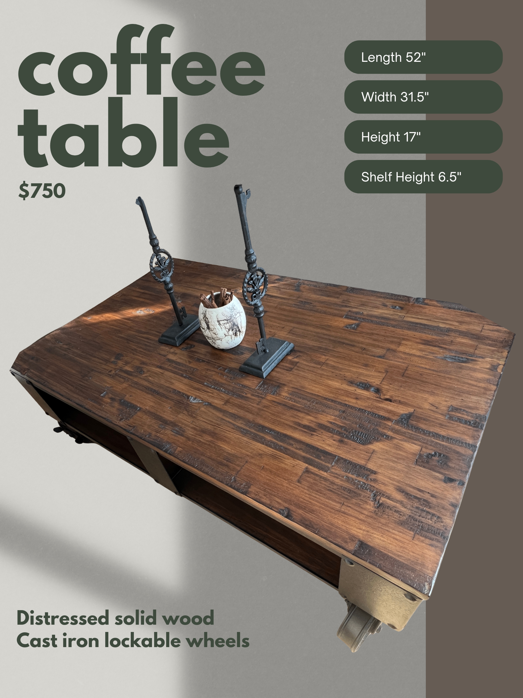 Coffee Table - Solid Wood on Cast Iron Lockable Wheels - photo 2