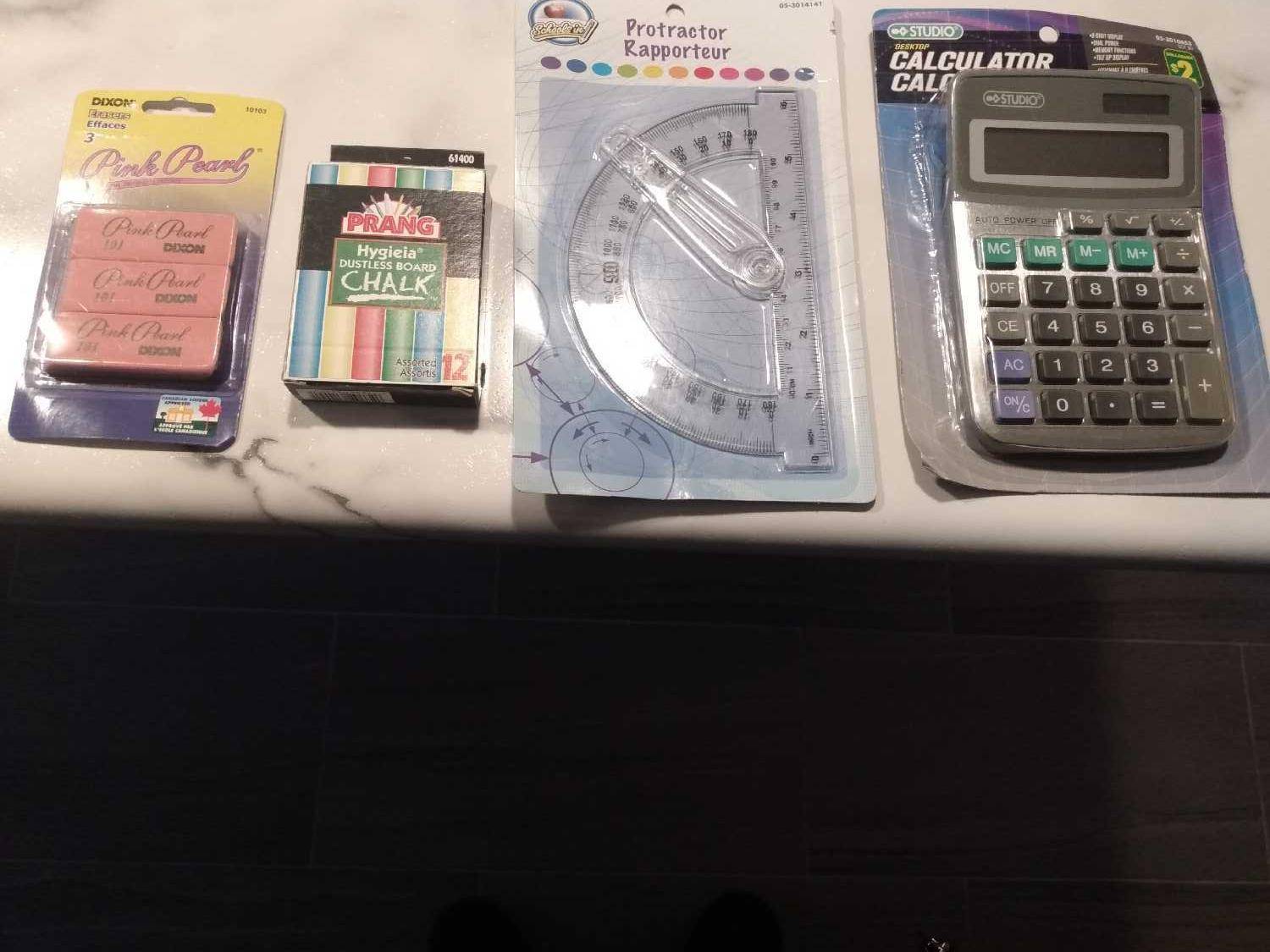 Dixon Pink Pearl Erasers, Prang Chalk, Studio Calculator - New