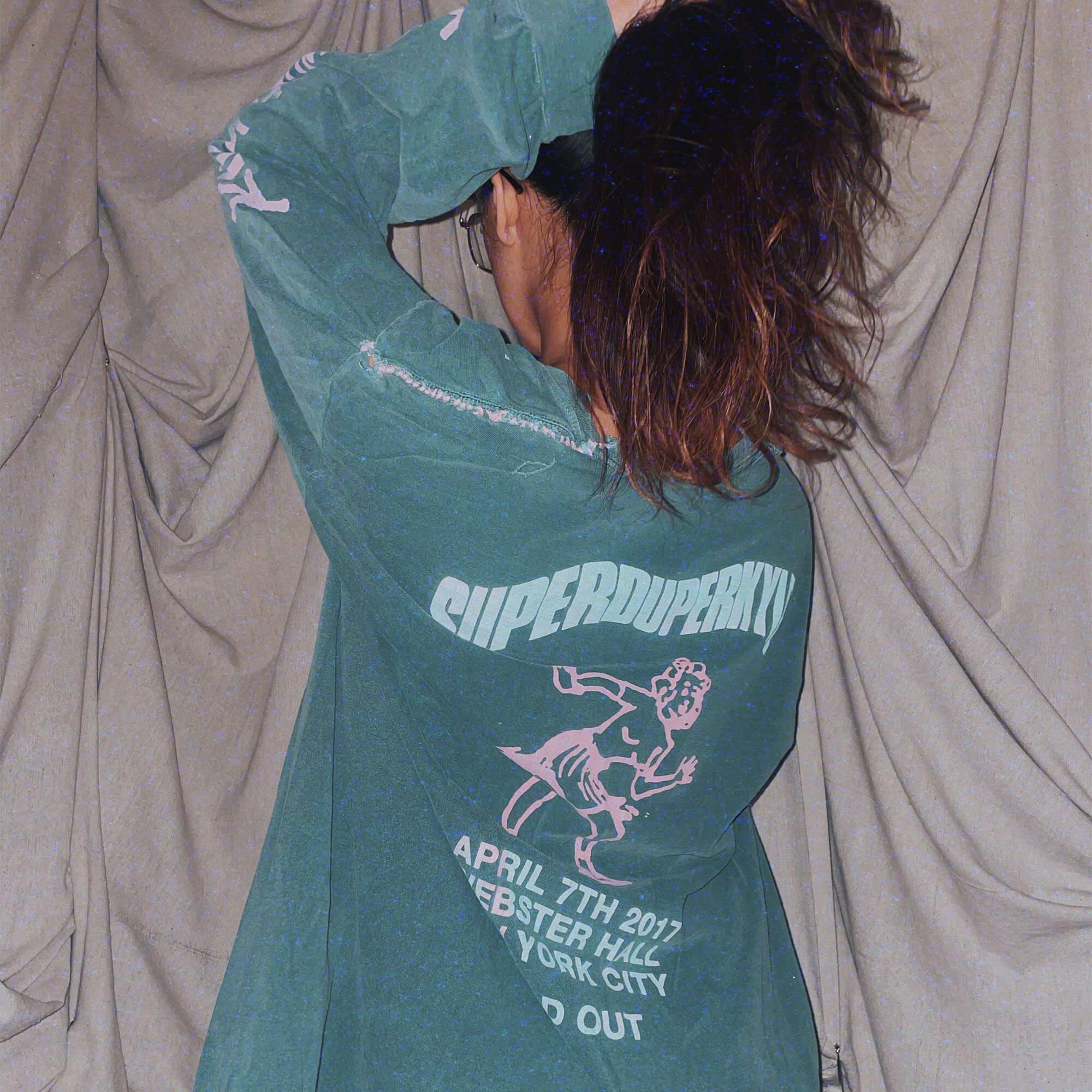 Green destroyed kid super screen print long sleeve shirt