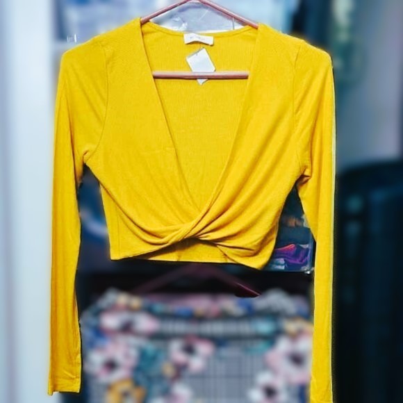 New Mustard Long Sleeve Twist-Front Crop Top - Made in USA🥕