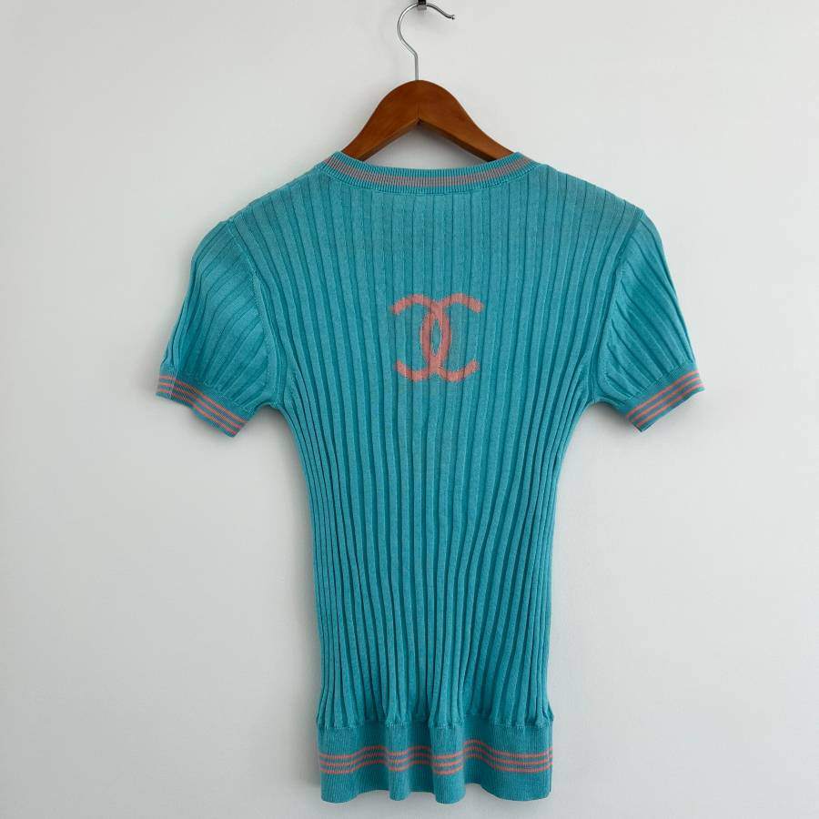 Chanel Silk Ribbed Knit Ringer Tee Blouse - Size S - photo 3