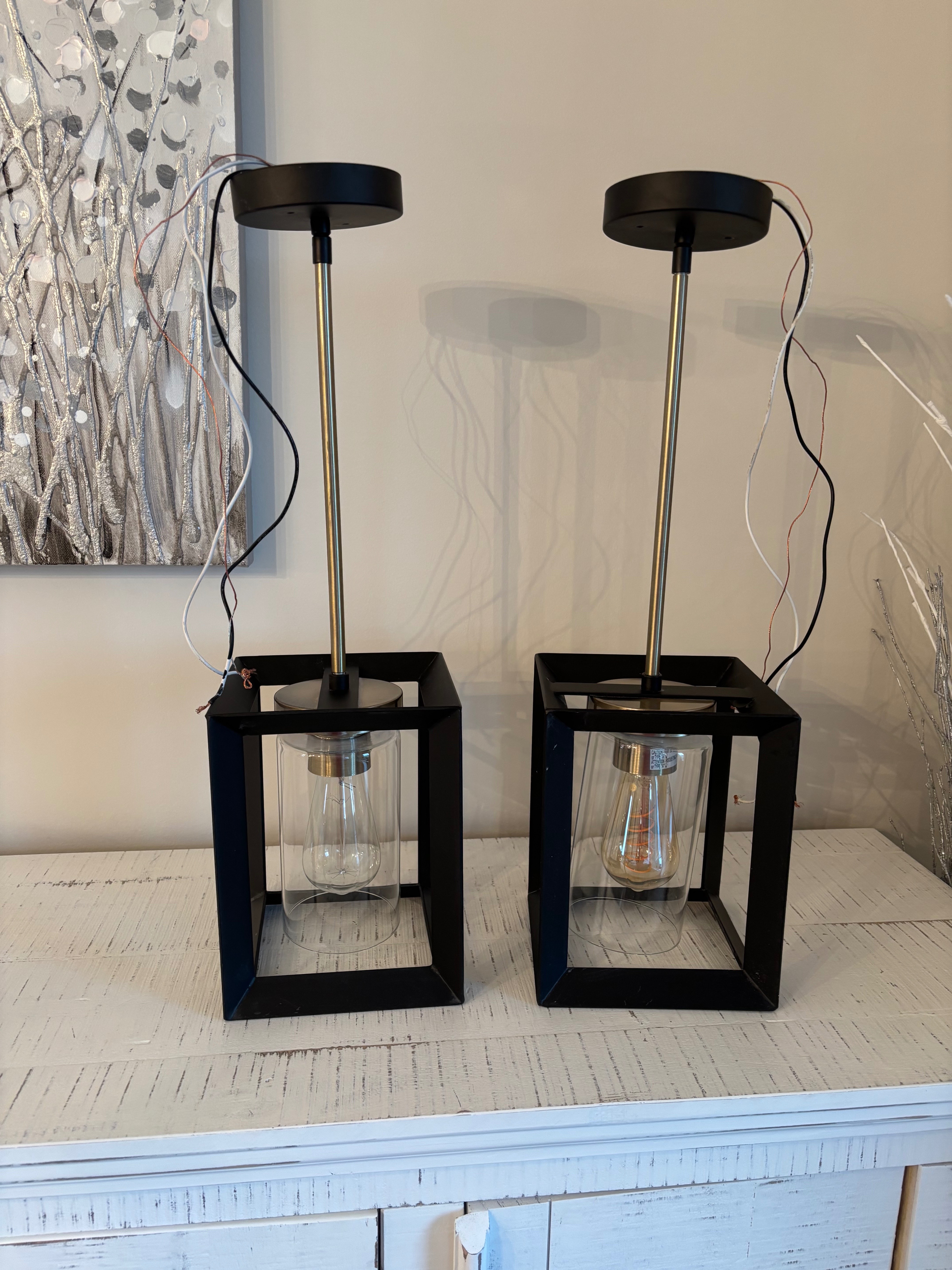 Pendant lights-two-black metal with silver rod