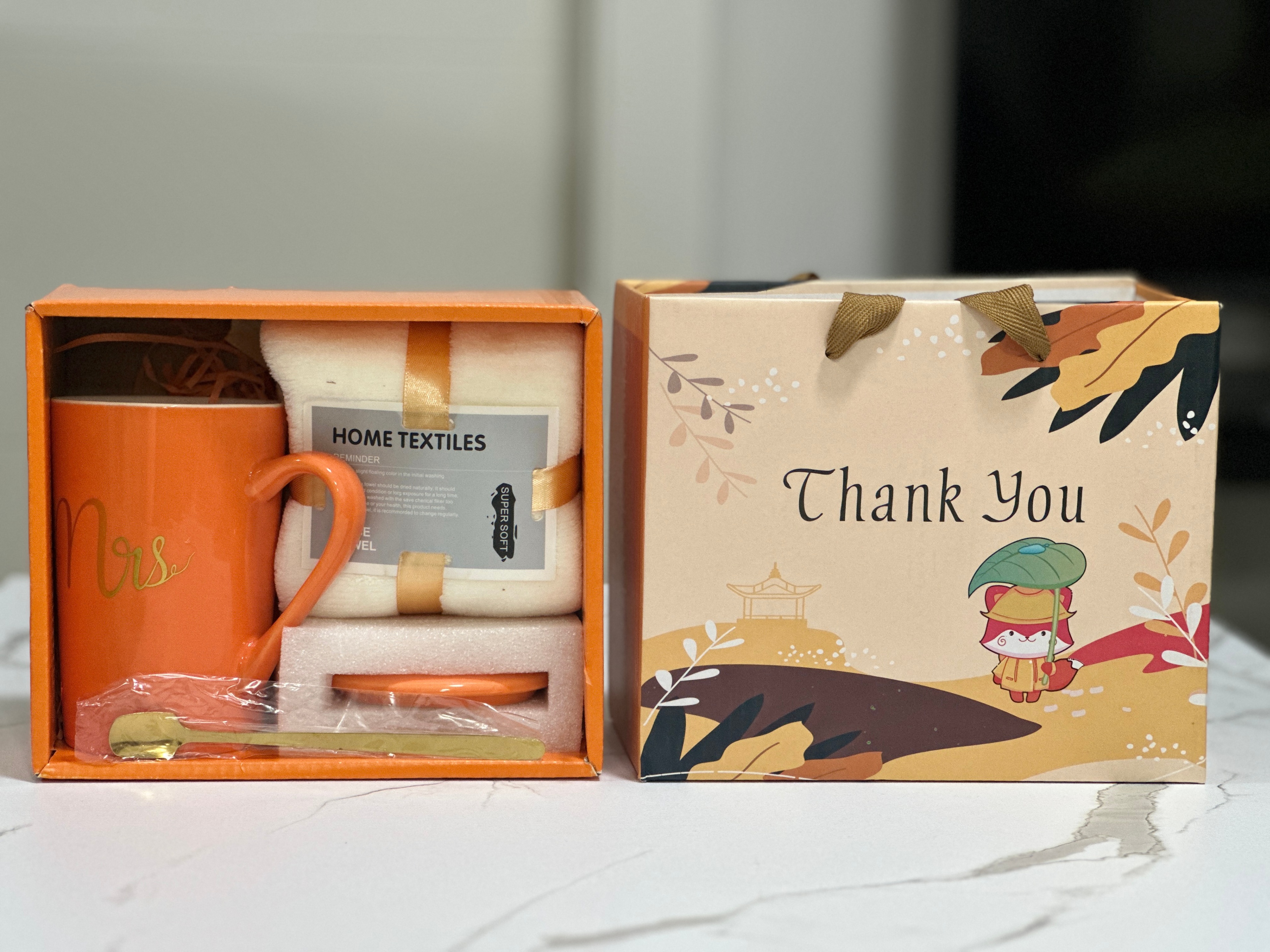 Porcelain Mug Set(Orange-Mrs.) with Towel & Spoon