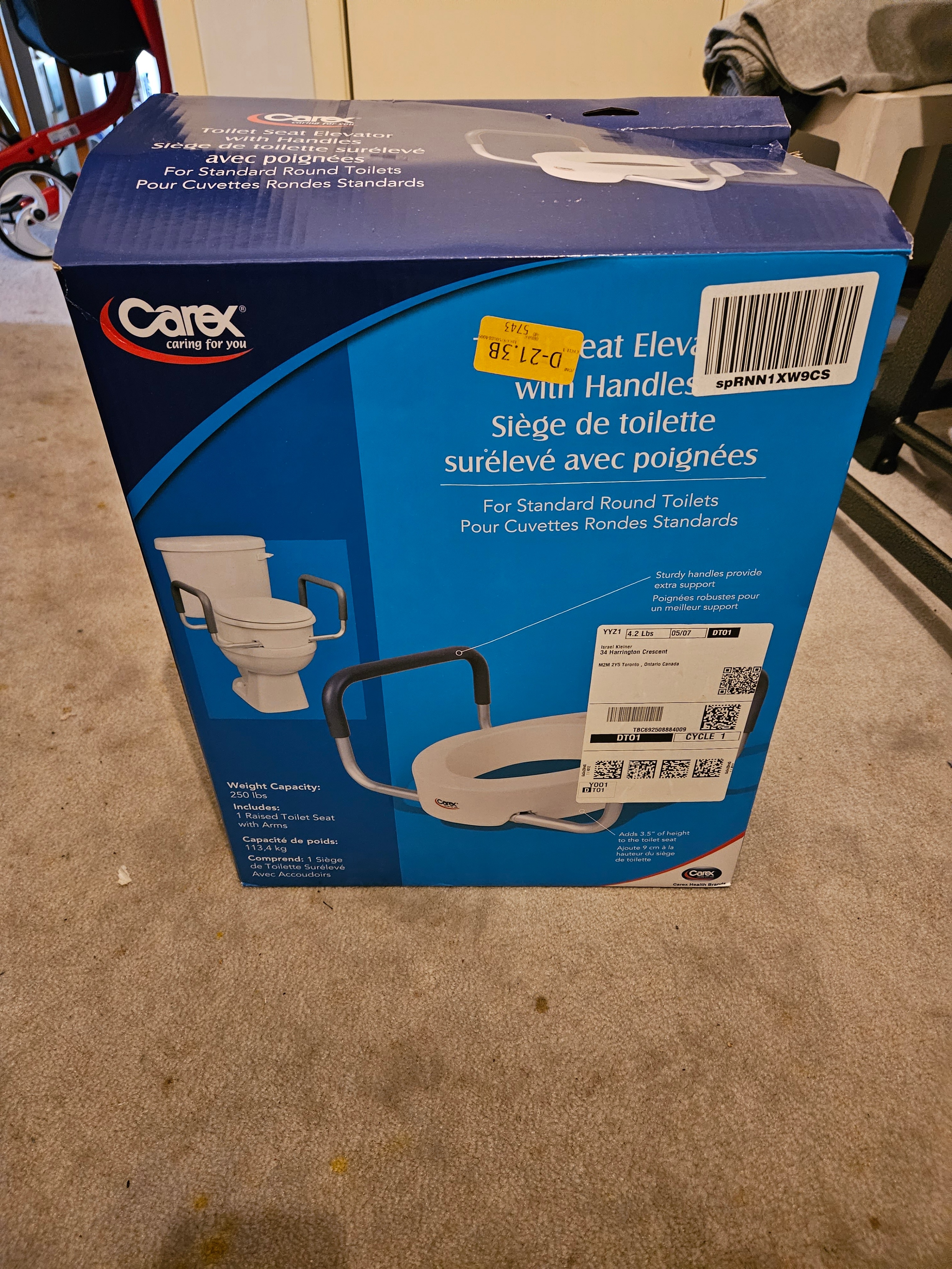 Carex 3.5 Inch Raised Toilet Seat w/ Arms, Round Toilets (New)