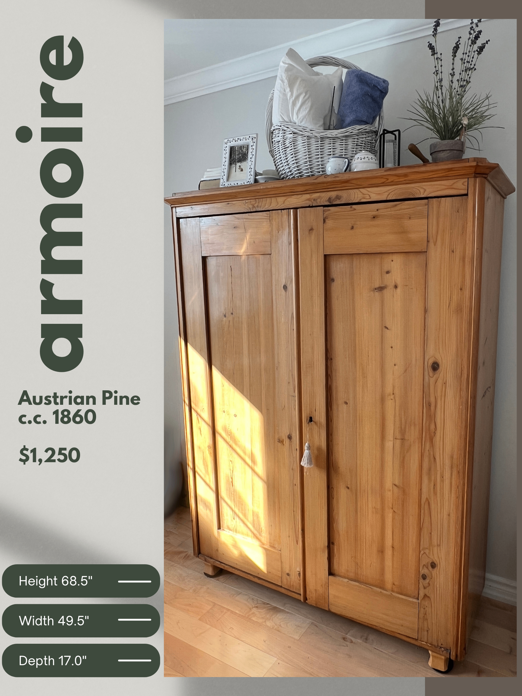 Imported Austrian Pine Double Door Armoire circa 1860