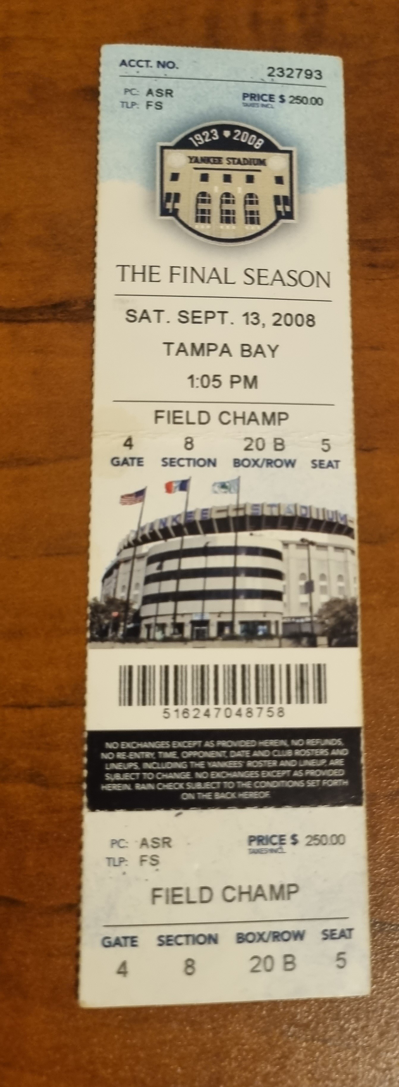 Yankess FINAL season at Yankee Stadium 8th last game ticket stub