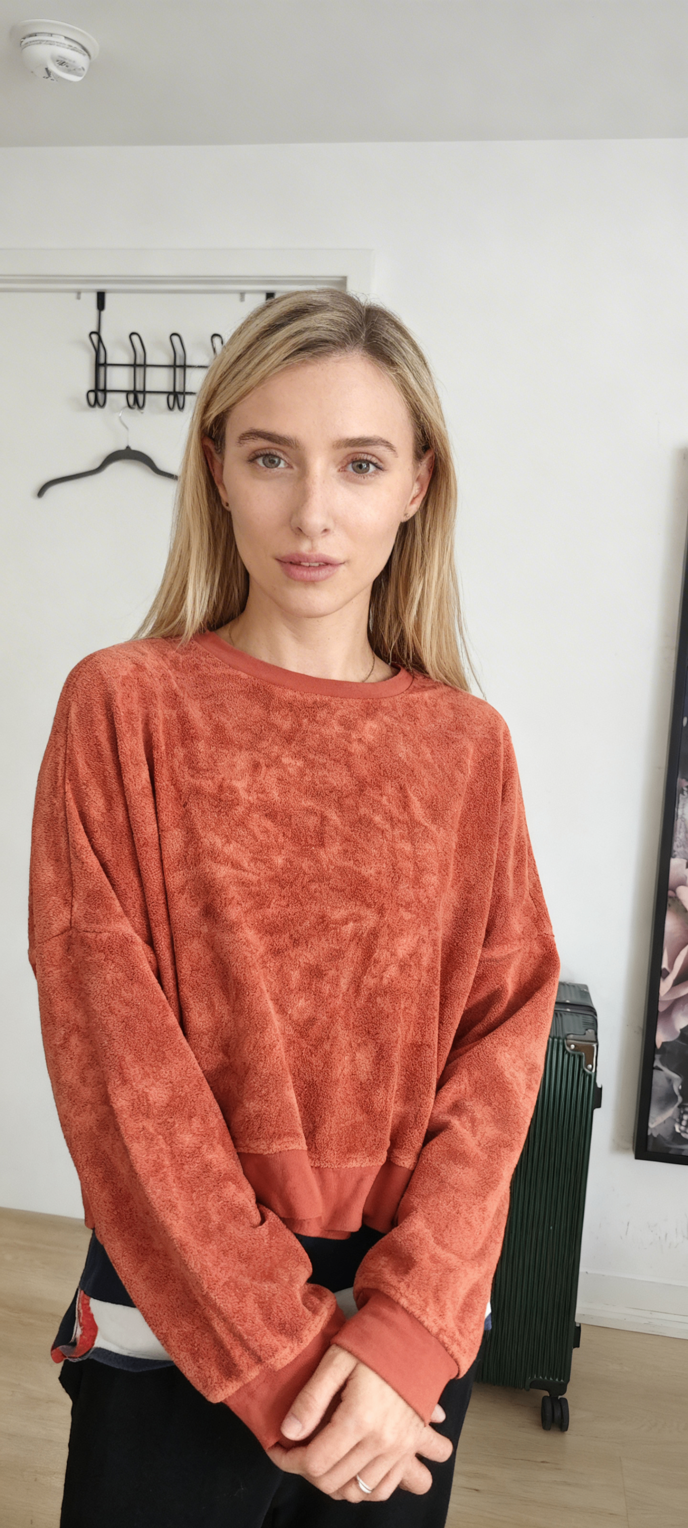 Rust Red Towel-Textured Long Sleeve Top