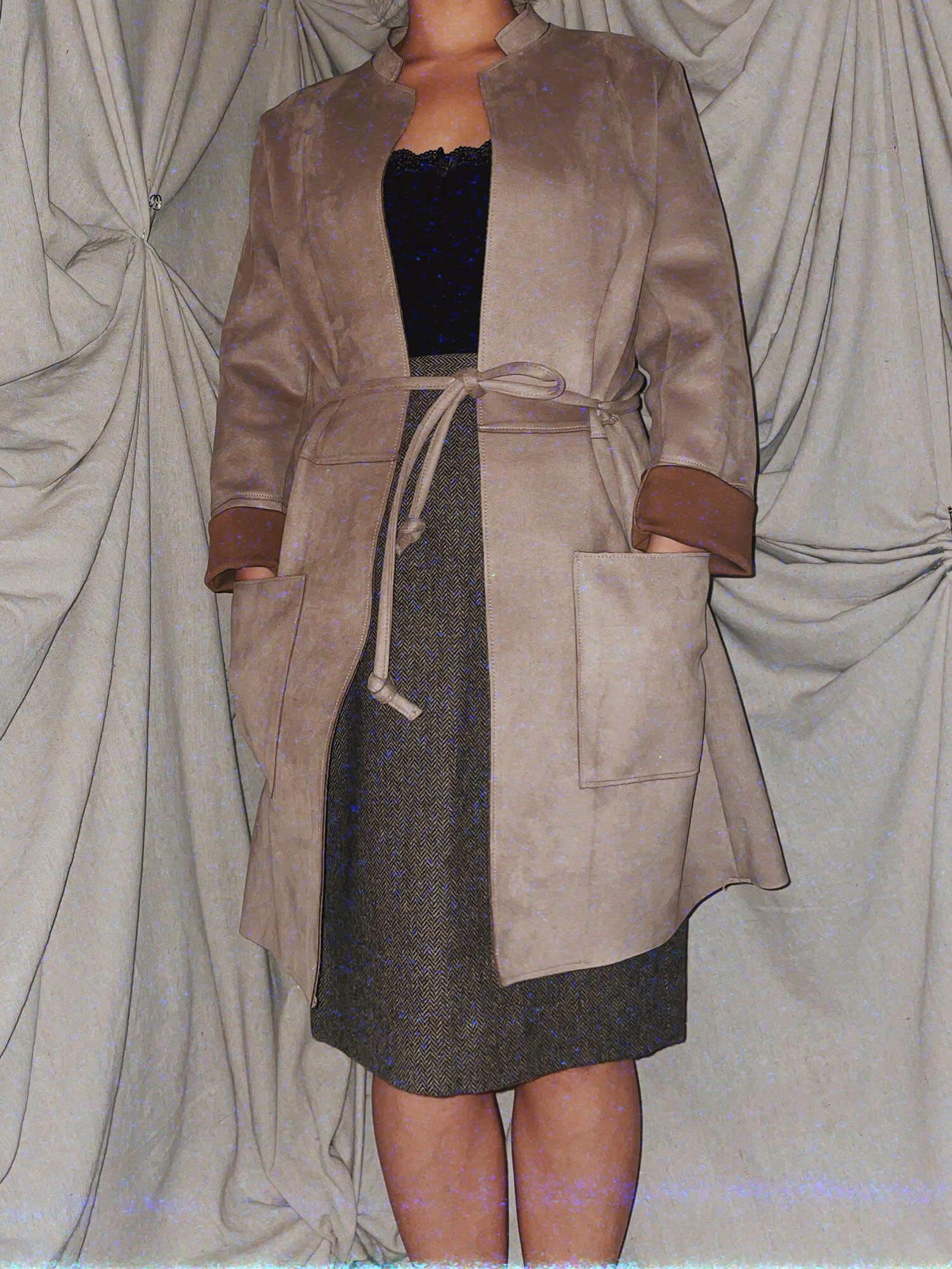 brown suede robe wrap jacket long sleeves coat outerwear - photo 3