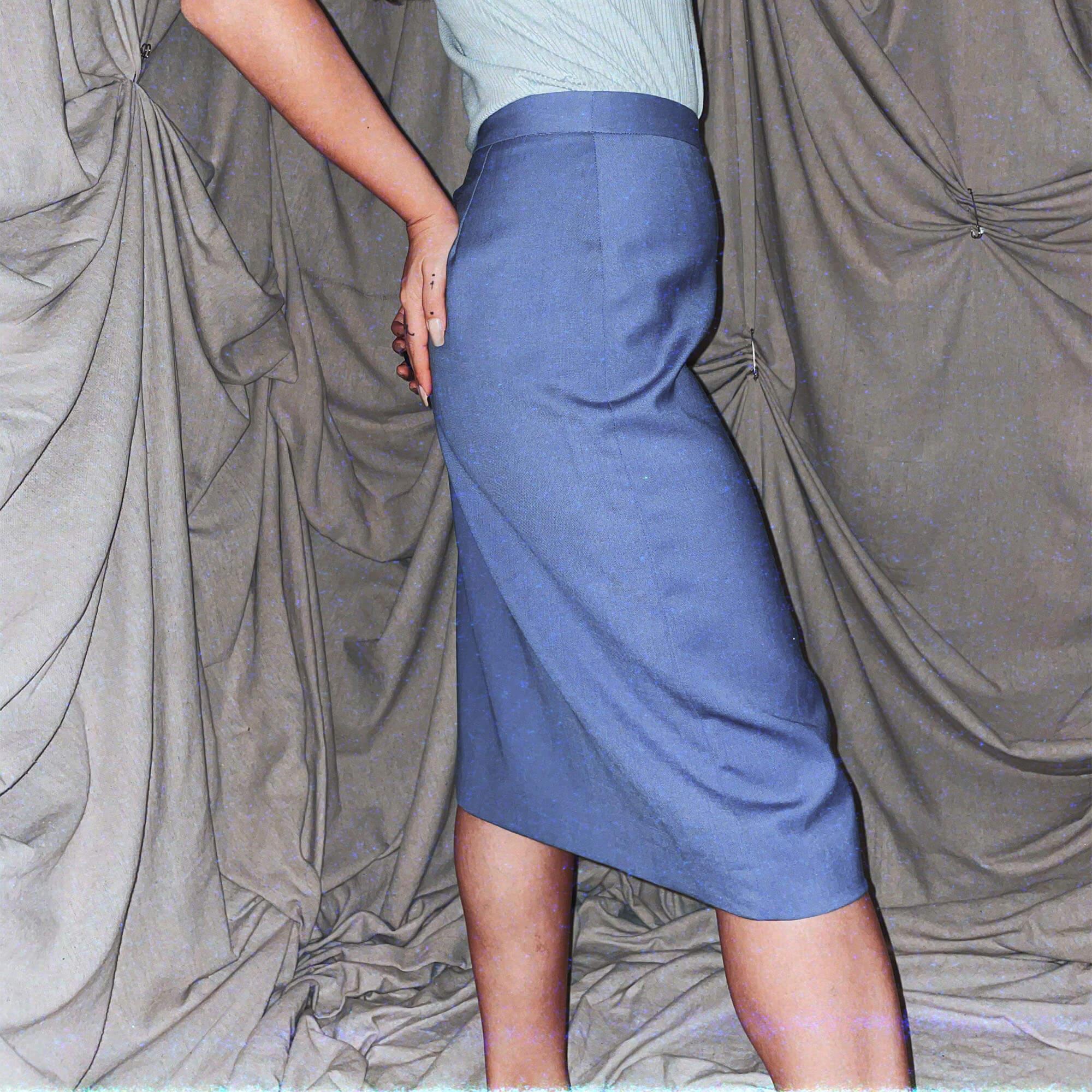 vintage cornflower blue midi high waist office skirt