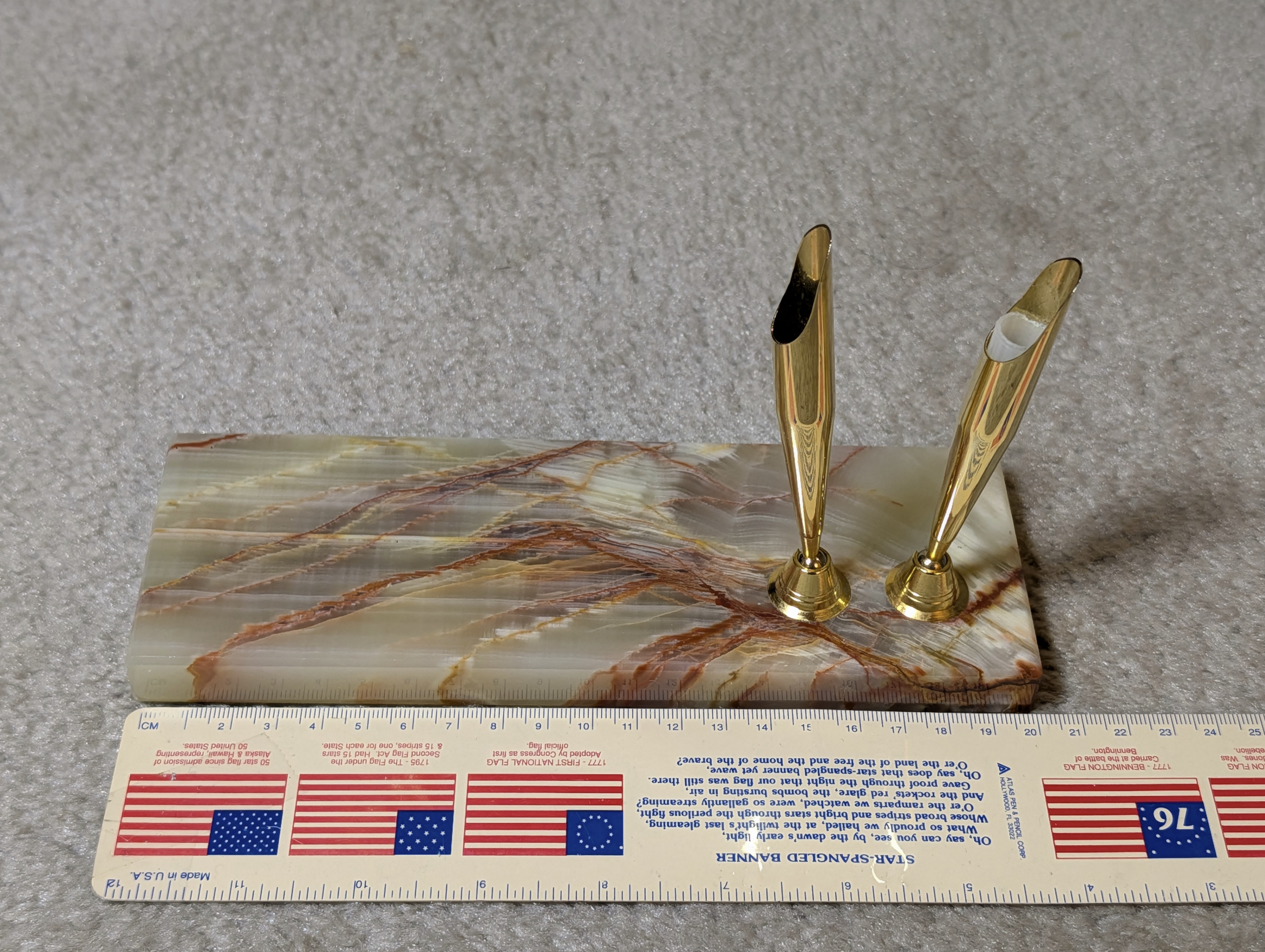 Vintage 7" Green Onyx Marble Stone Double Brass Pen Holder - photo 3