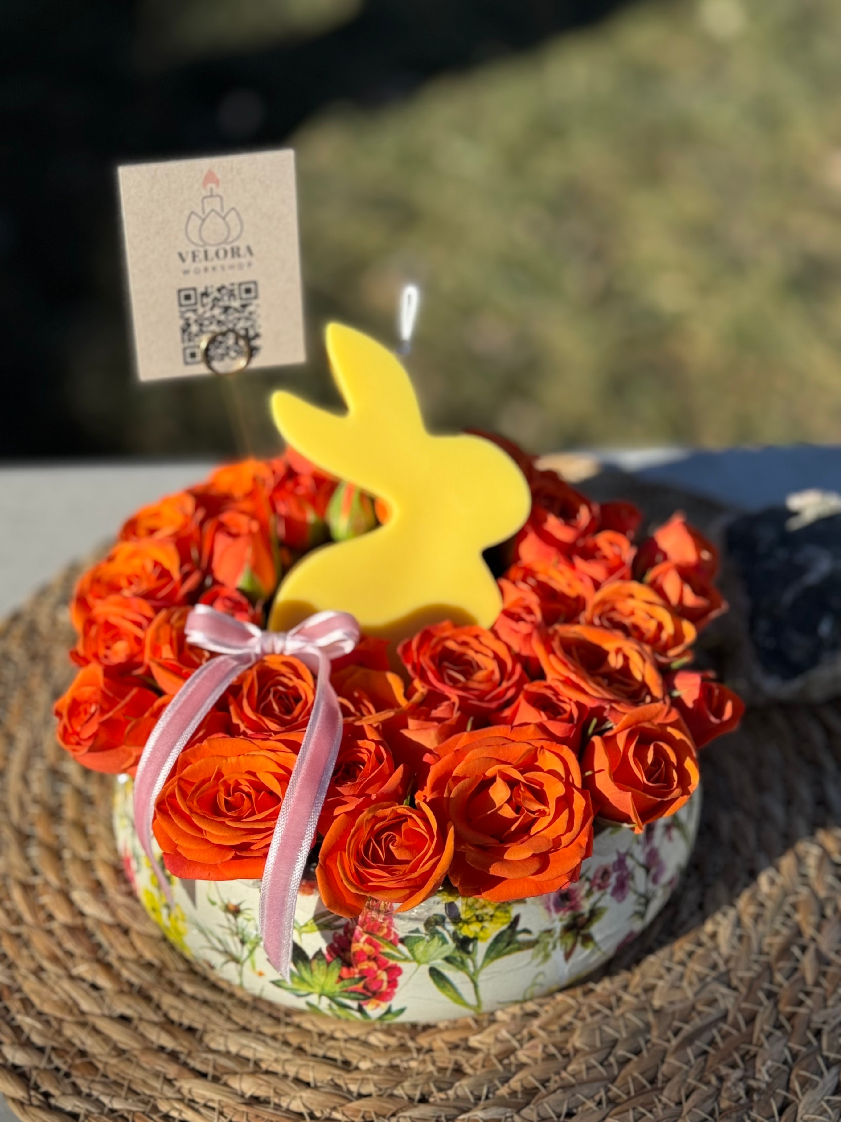 Fresh Flower Arrangement in Decoupage Cement Vase & Bunny Candle