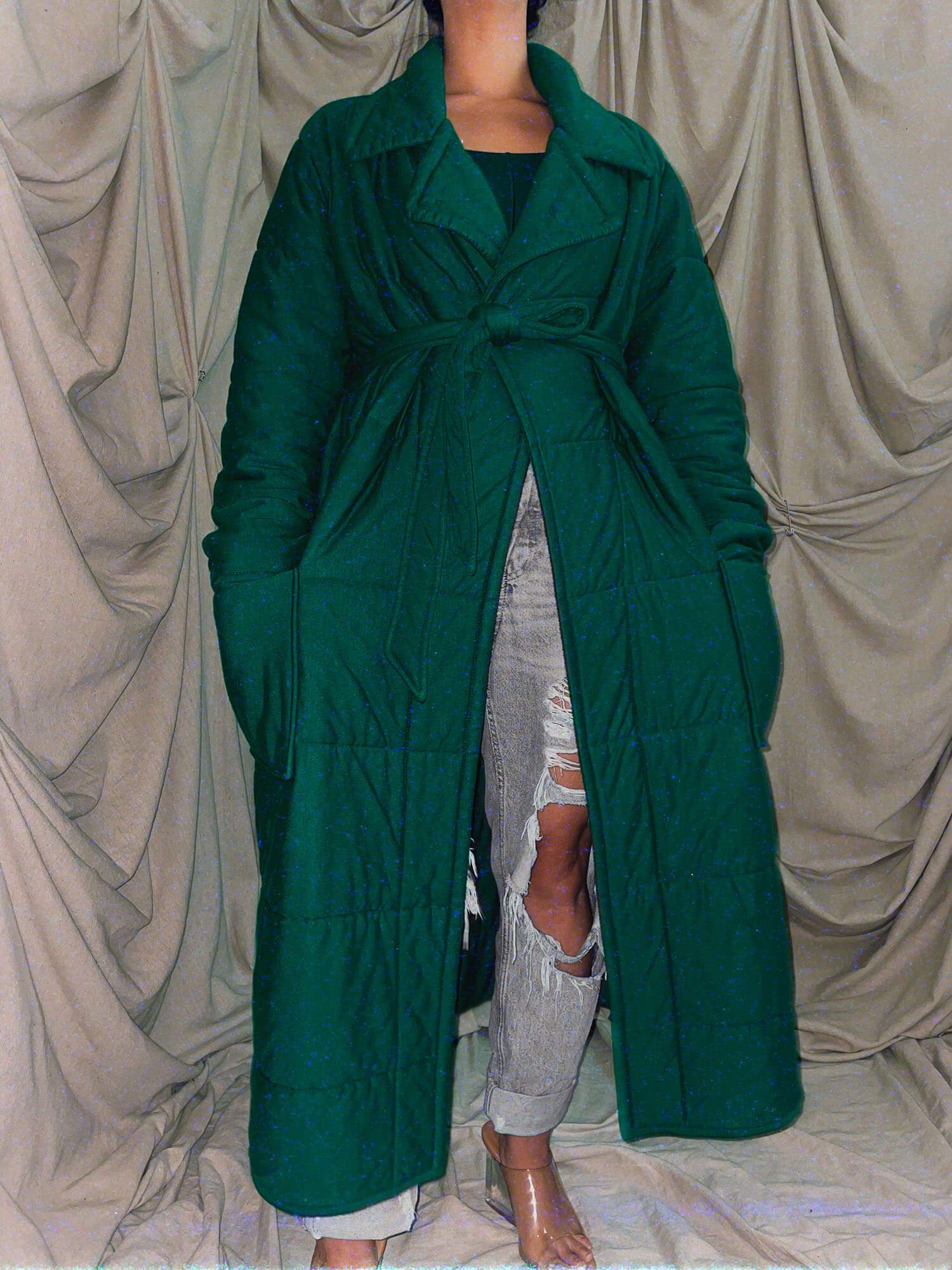 Green long maxi quilted coat outerwear jacket unisex robe - photo 5