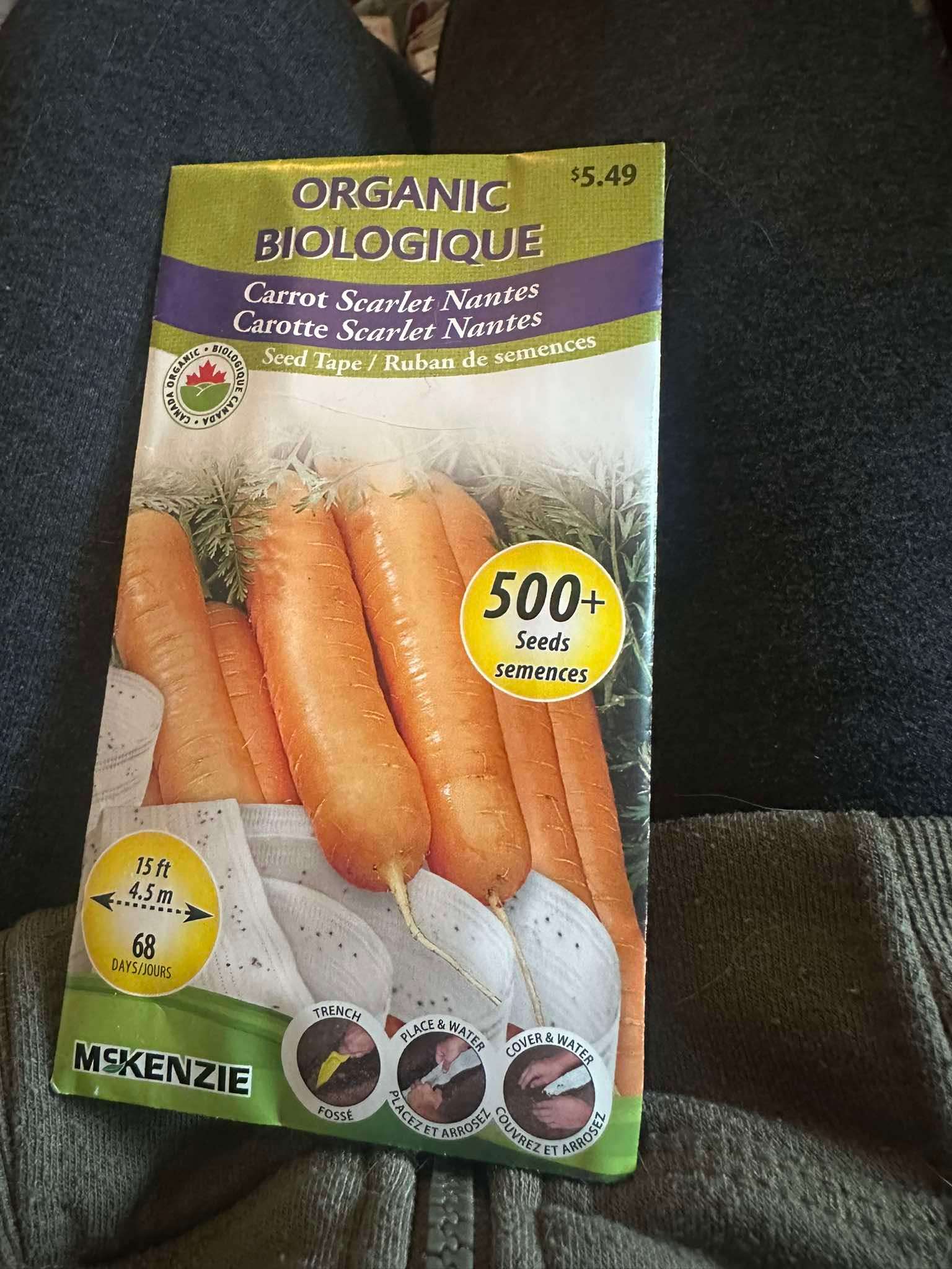 3 McKenzie Organic Carrot Scarlet Nantes Seed Tape