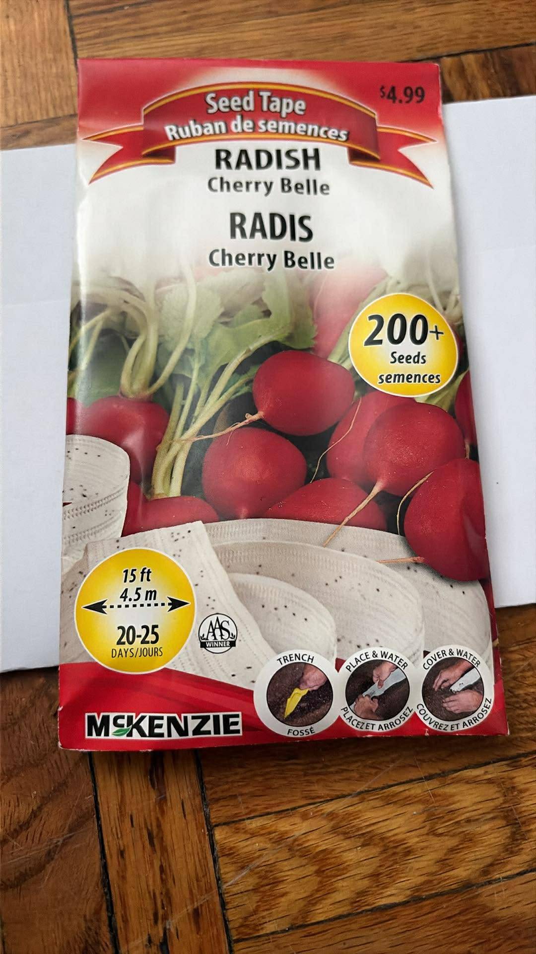 1 Packs of McKenzie Radish Cherry Belle Seed Tape