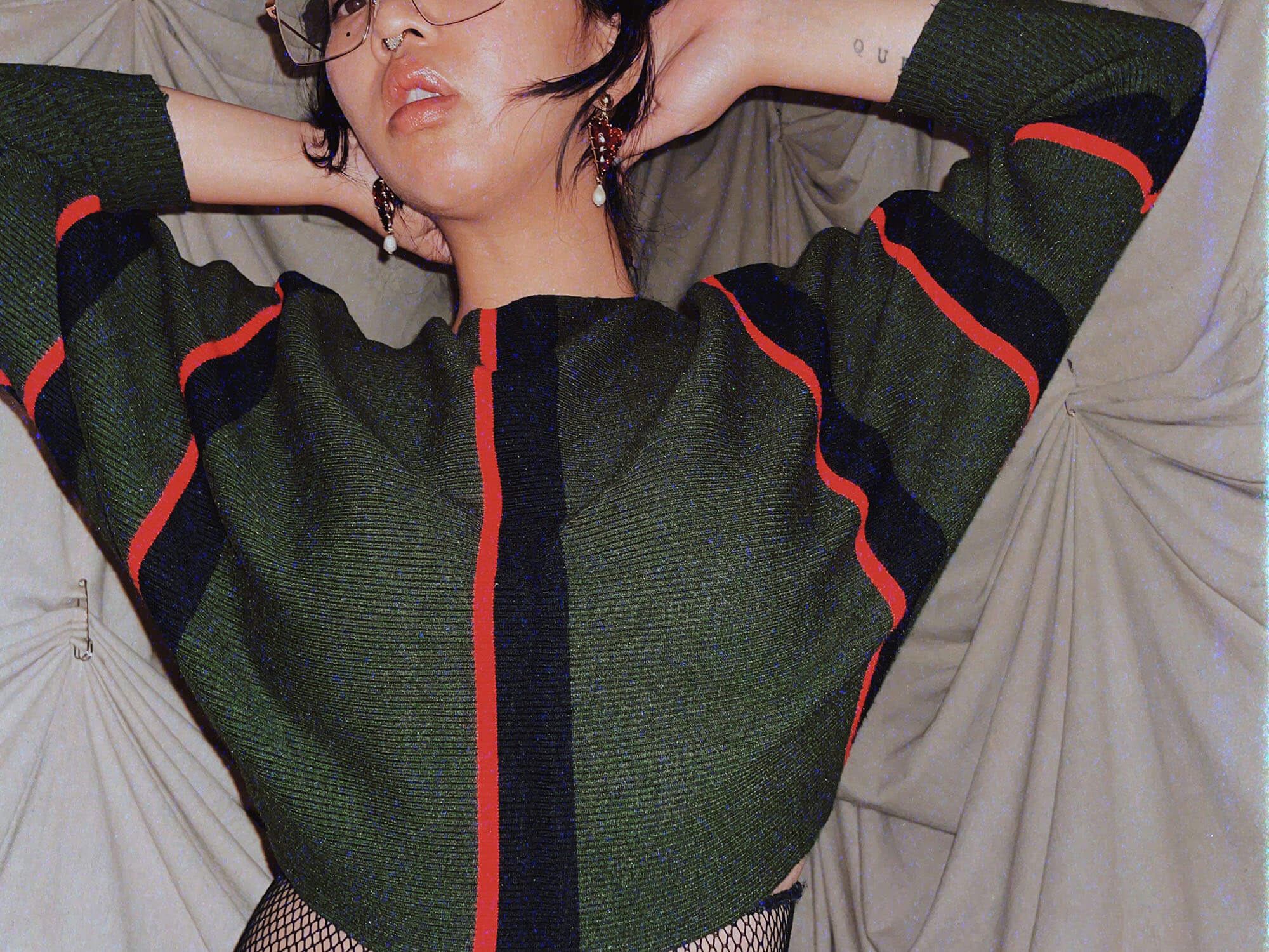 green red stripe crop top 3/4 sleeve sweater - photo 2