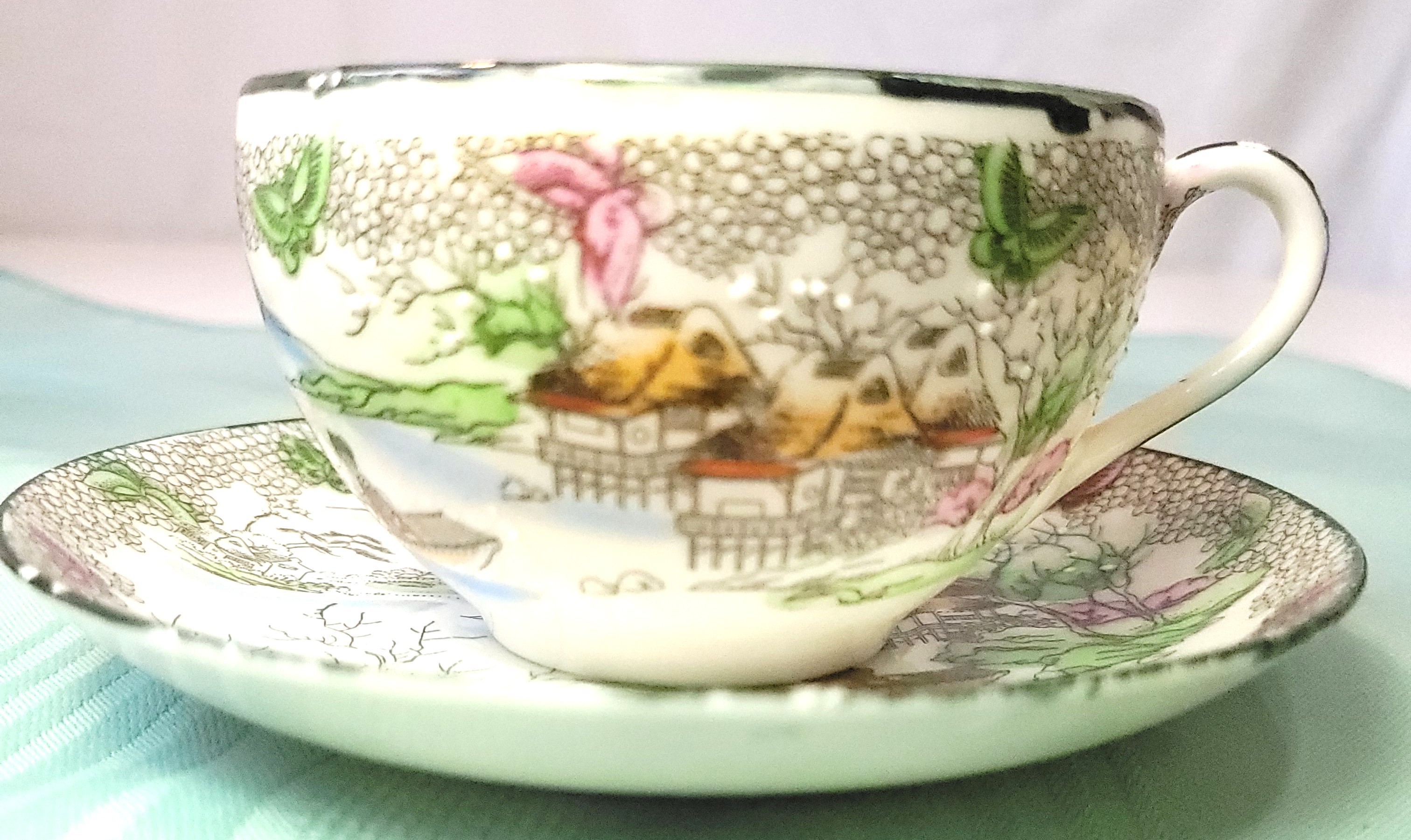 Antique Japanese Hand Painted Tea Cup & Saucer - 1920s Landscape