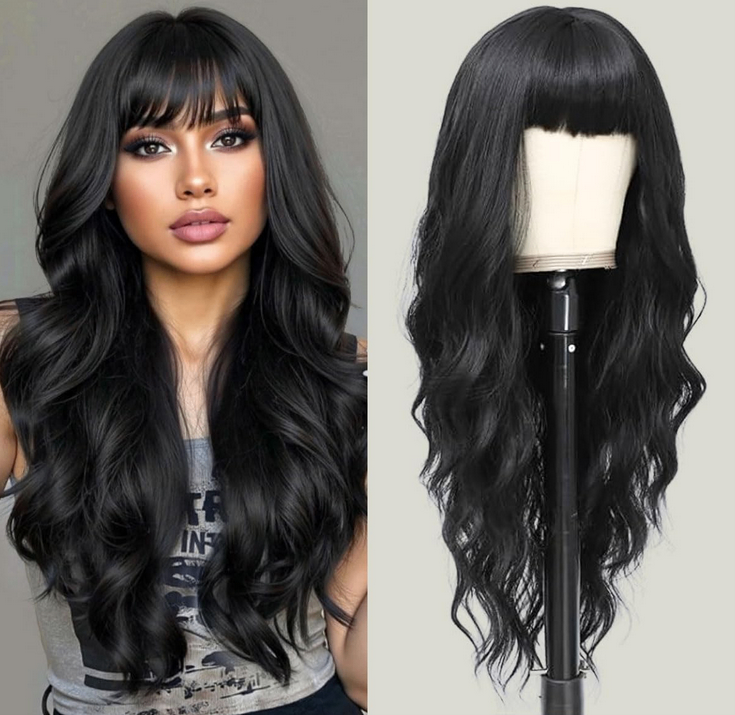 Natural Black Wavy Wig with Bangs 26-Inch (New, Unworn)