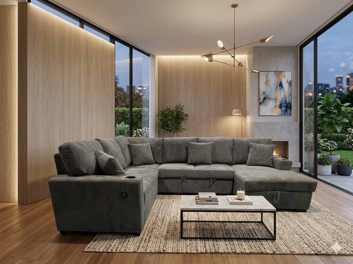 Grey Corduroy Sectional Sofa 7Seater