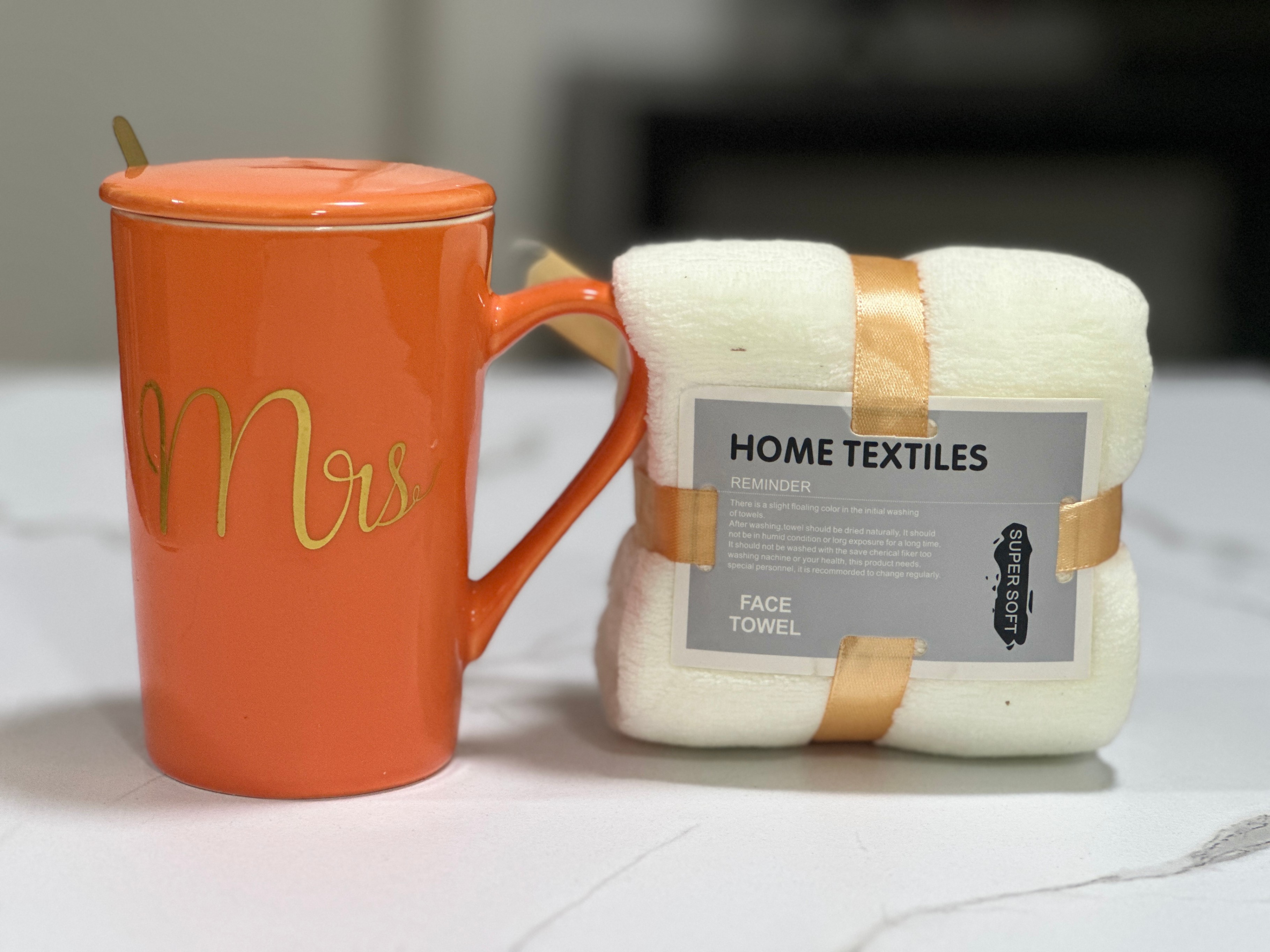 Porcelain Mug Set(Orange-Mrs.) with Towel & Spoon - photo 2