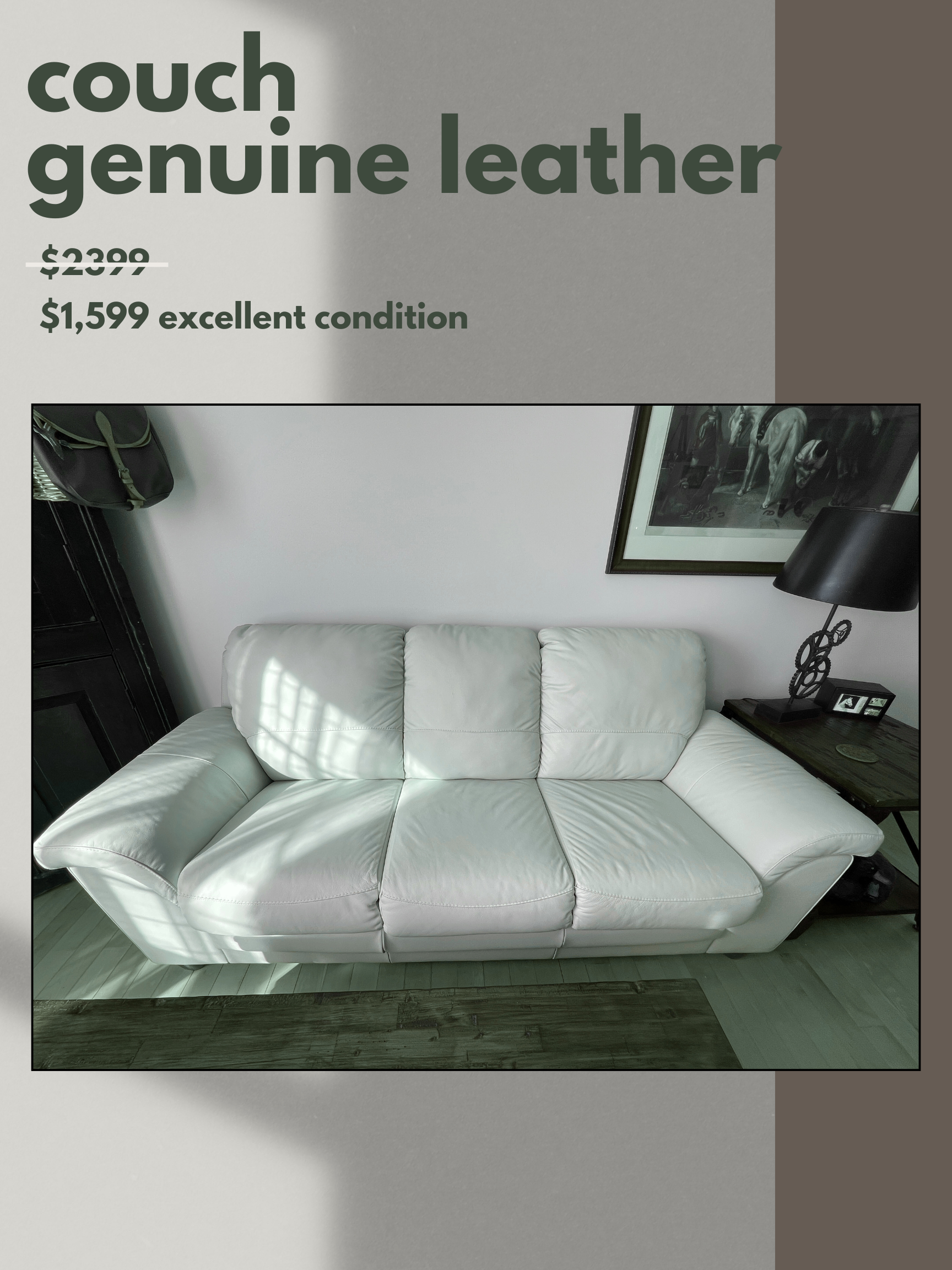 Genuine Leather Couch - Beige Excellent Condition