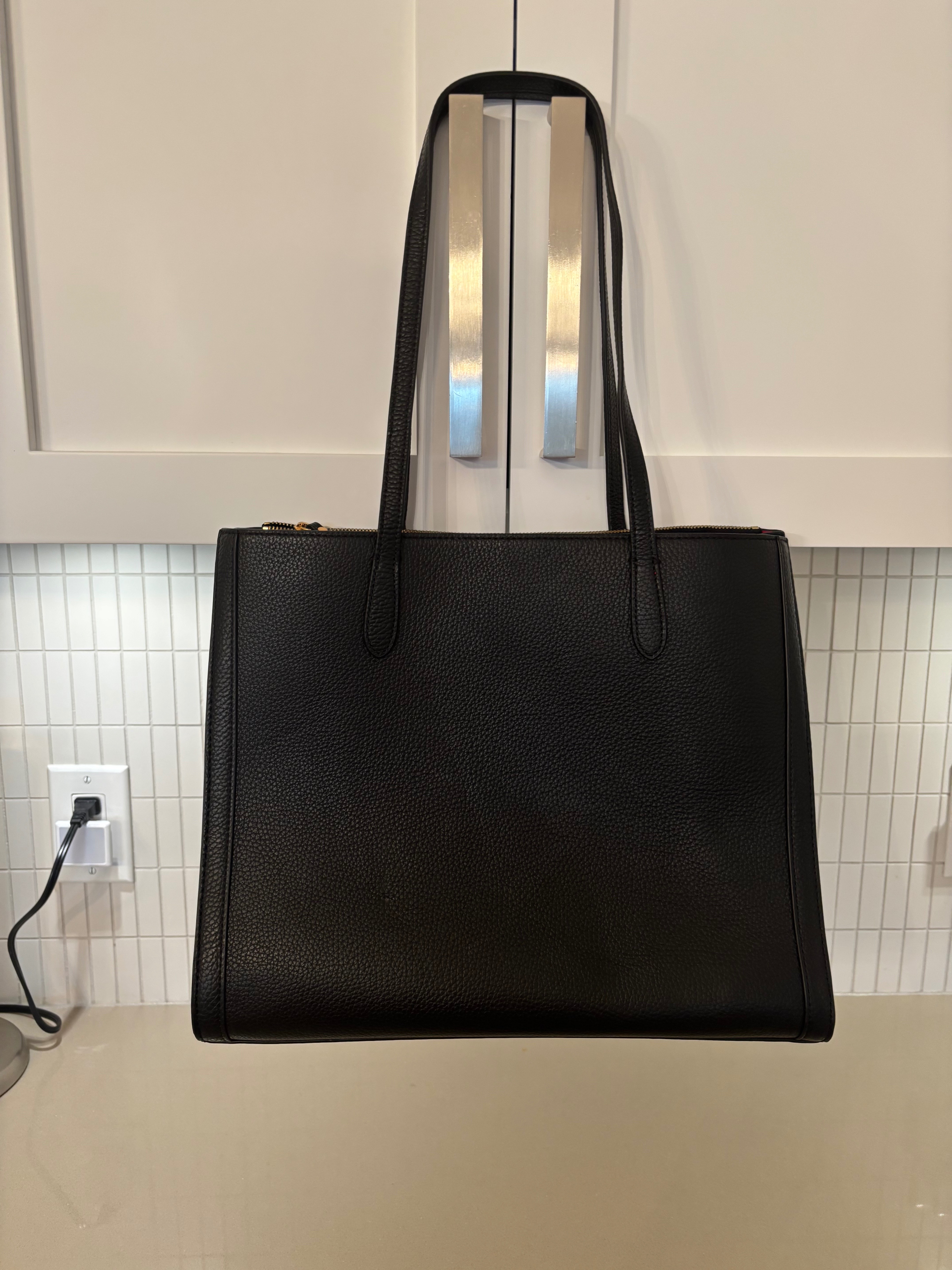 large black leather tote, bag,purse