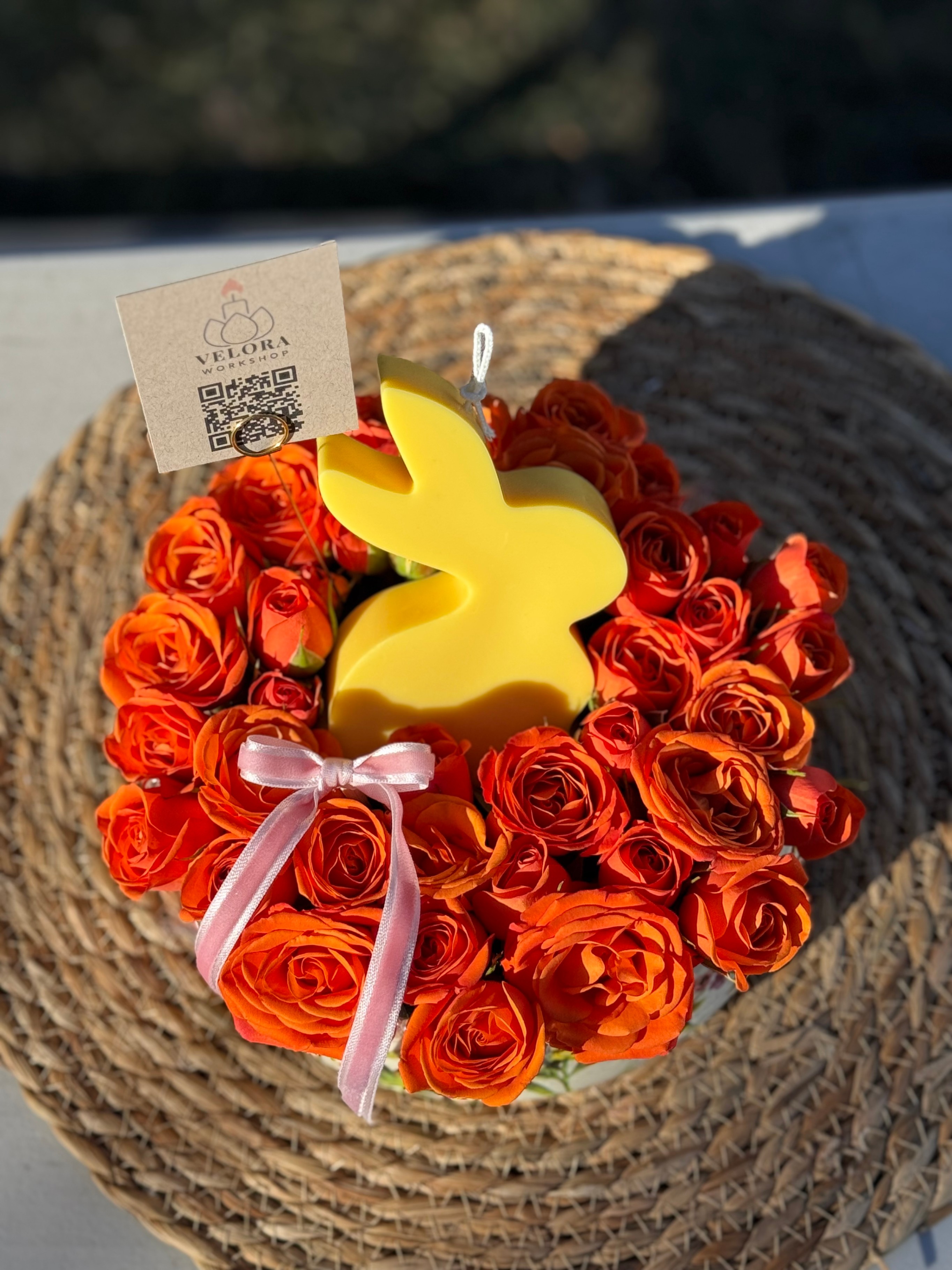 Fresh Flower Arrangement in Decoupage Cement Vase & Bunny Candle - photo 3