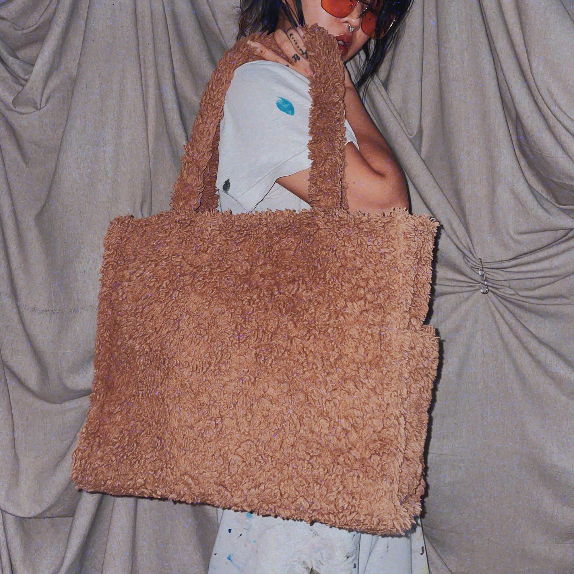 big brown teddy fur bag purse tote