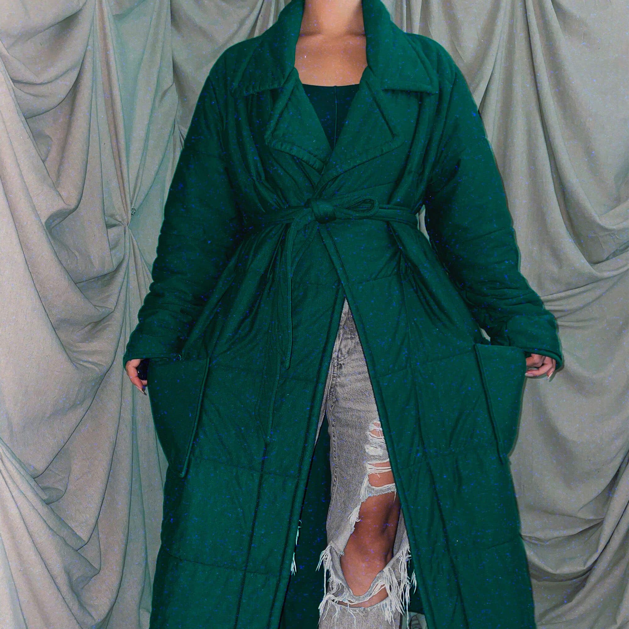 Green long maxi quilted coat outerwear jacket unisex robe