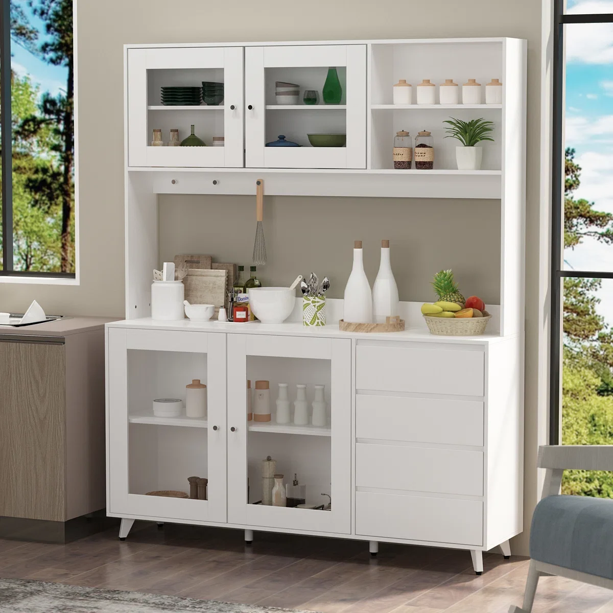 White Kitchen Pantry with Glass Doors