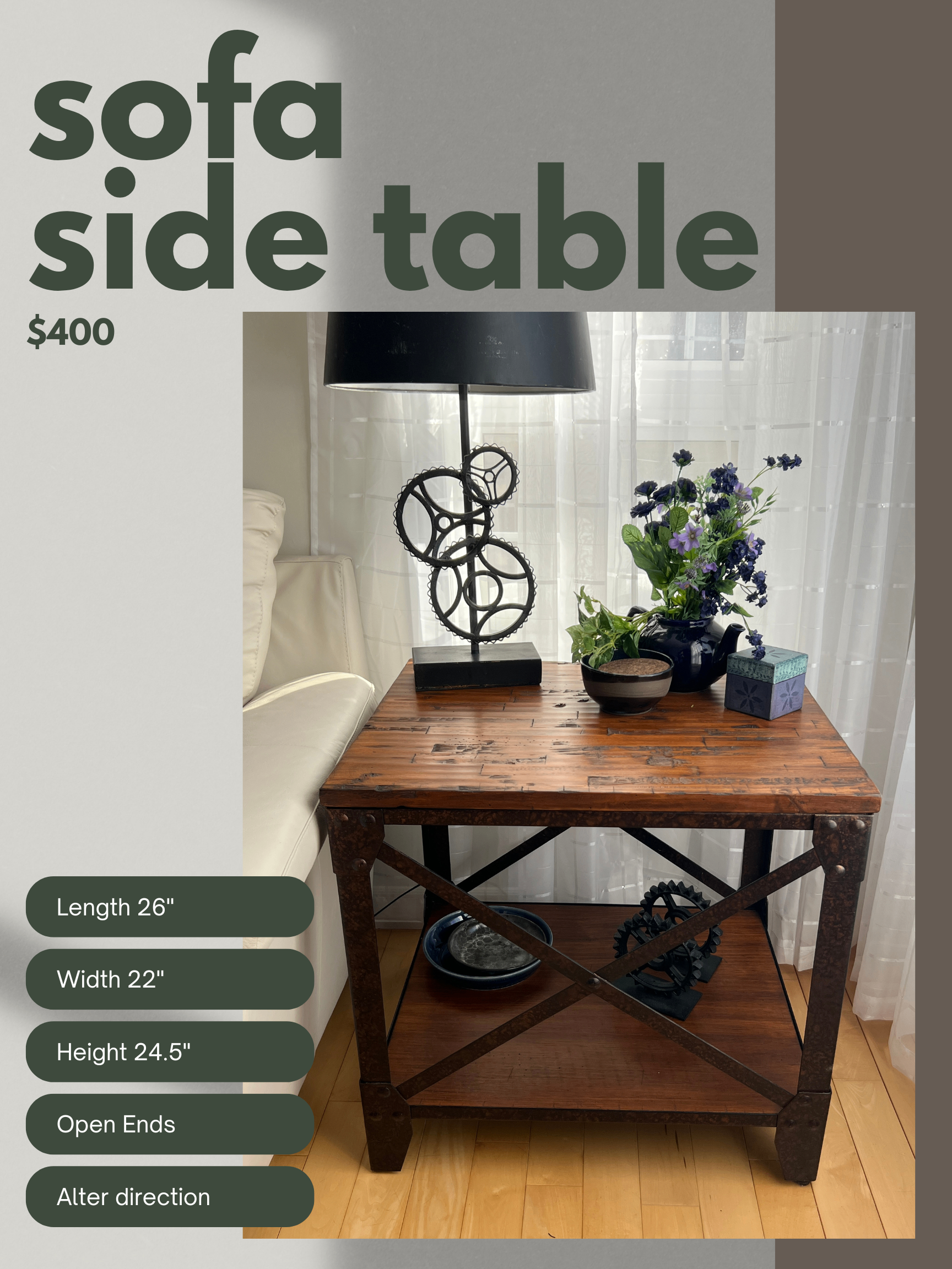 Sofa Side End Table - Solid Wood & Metal