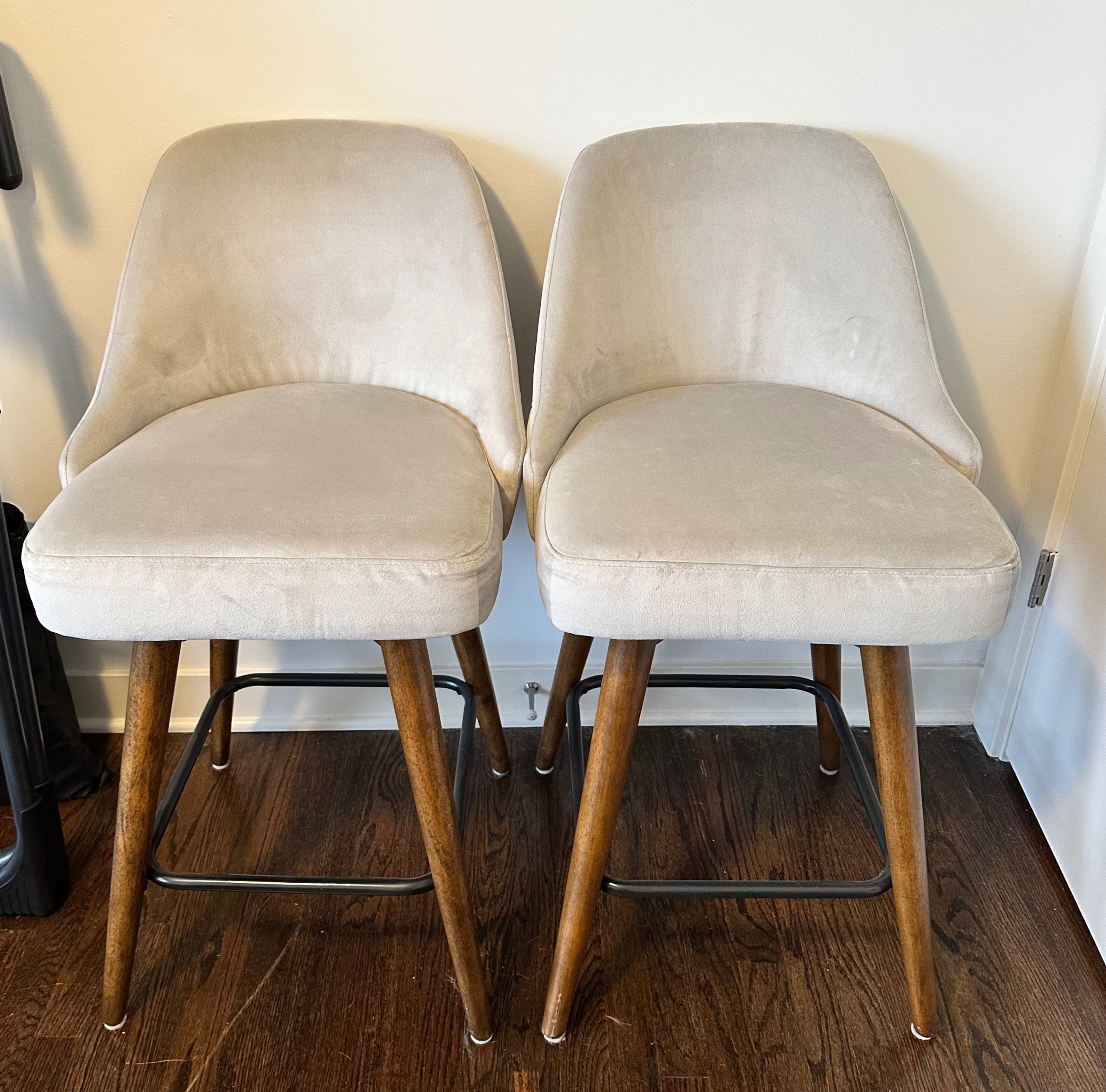 2 West Elm Mid-Century Upholstered Swivel Counter Stools