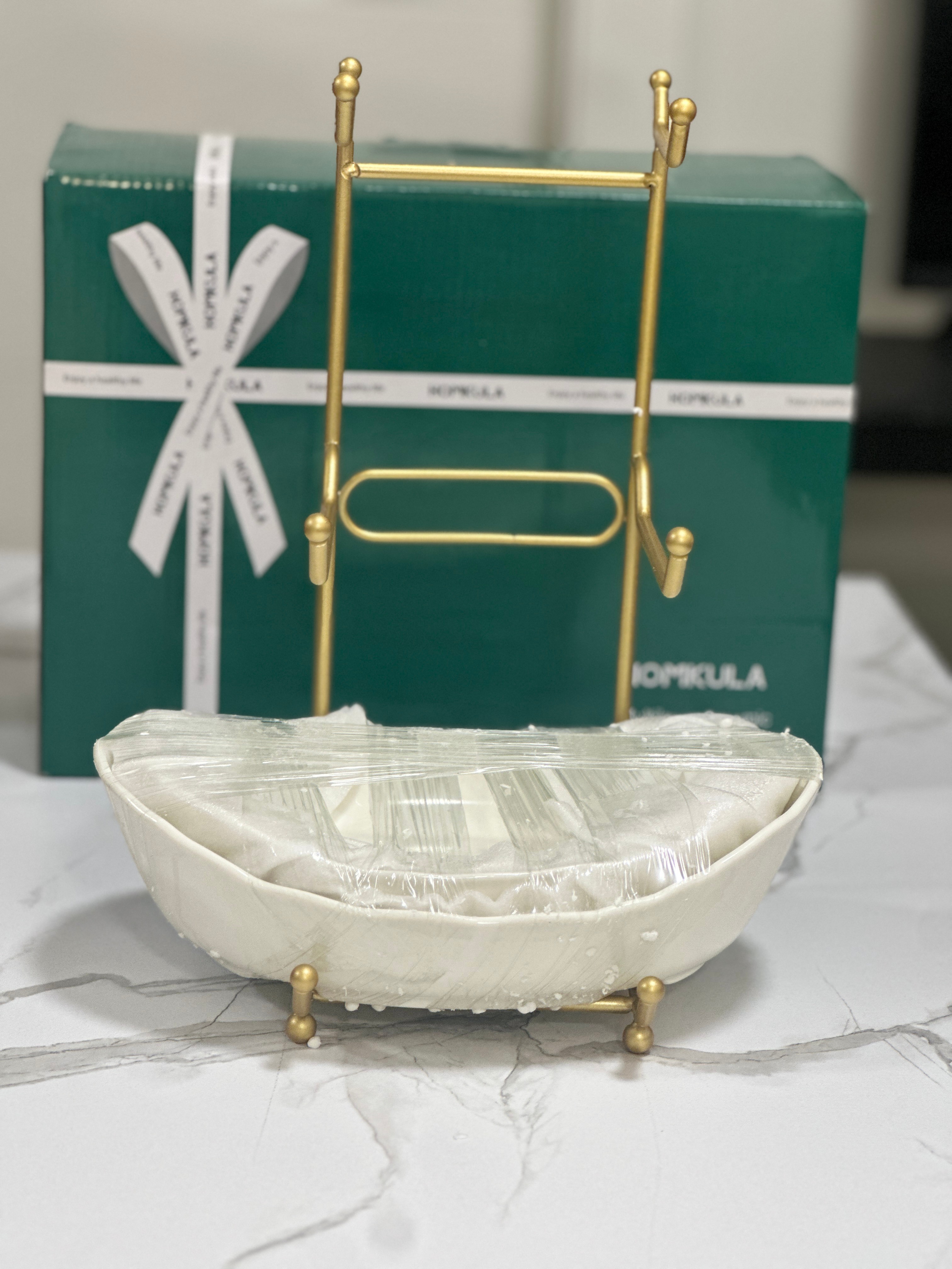 Porcelain Fruit Bowl – White with Gold Iron Stand - photo 2