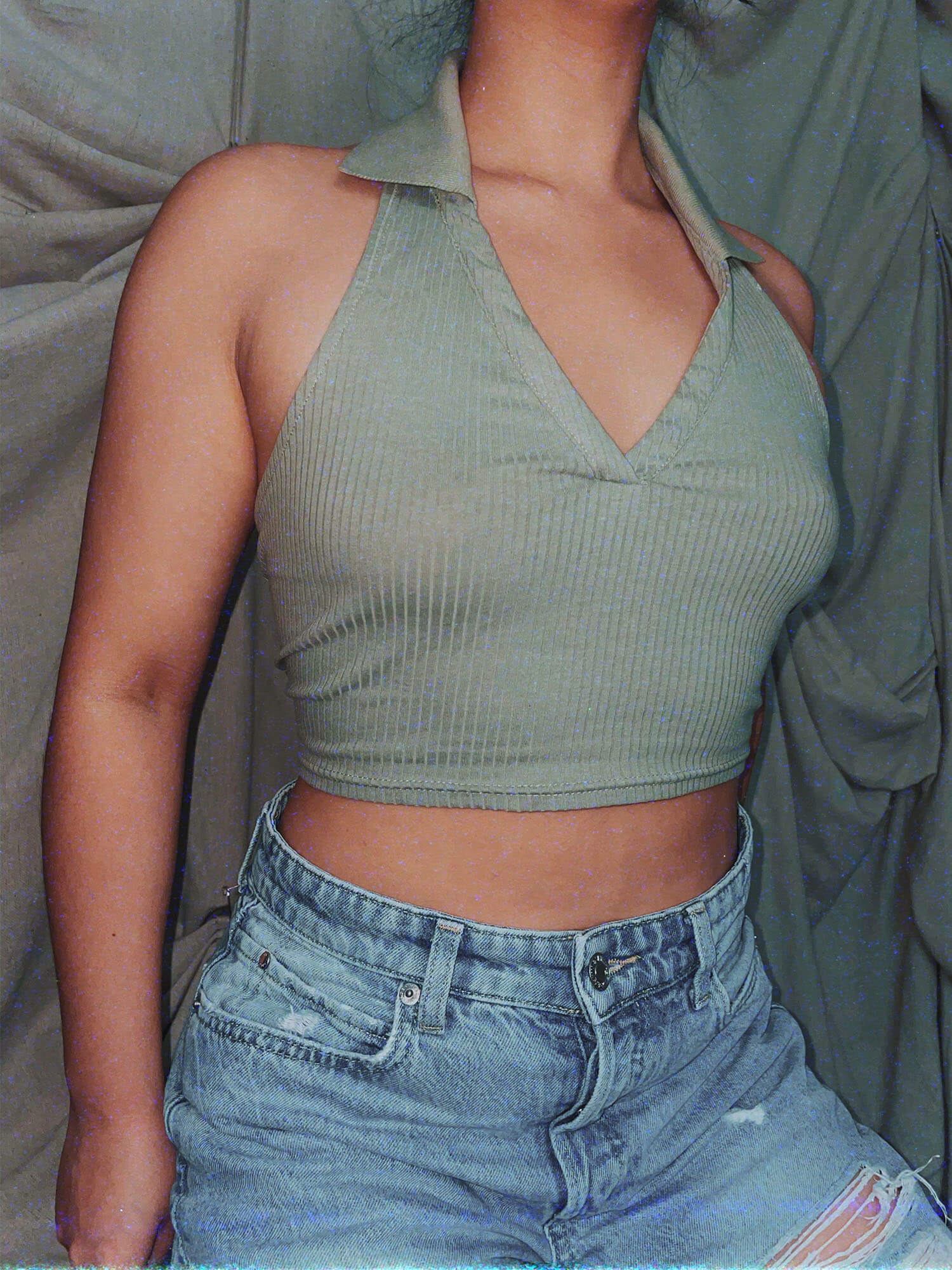 pistachio green polo halter crop top womens summer tank shirt - photo 2
