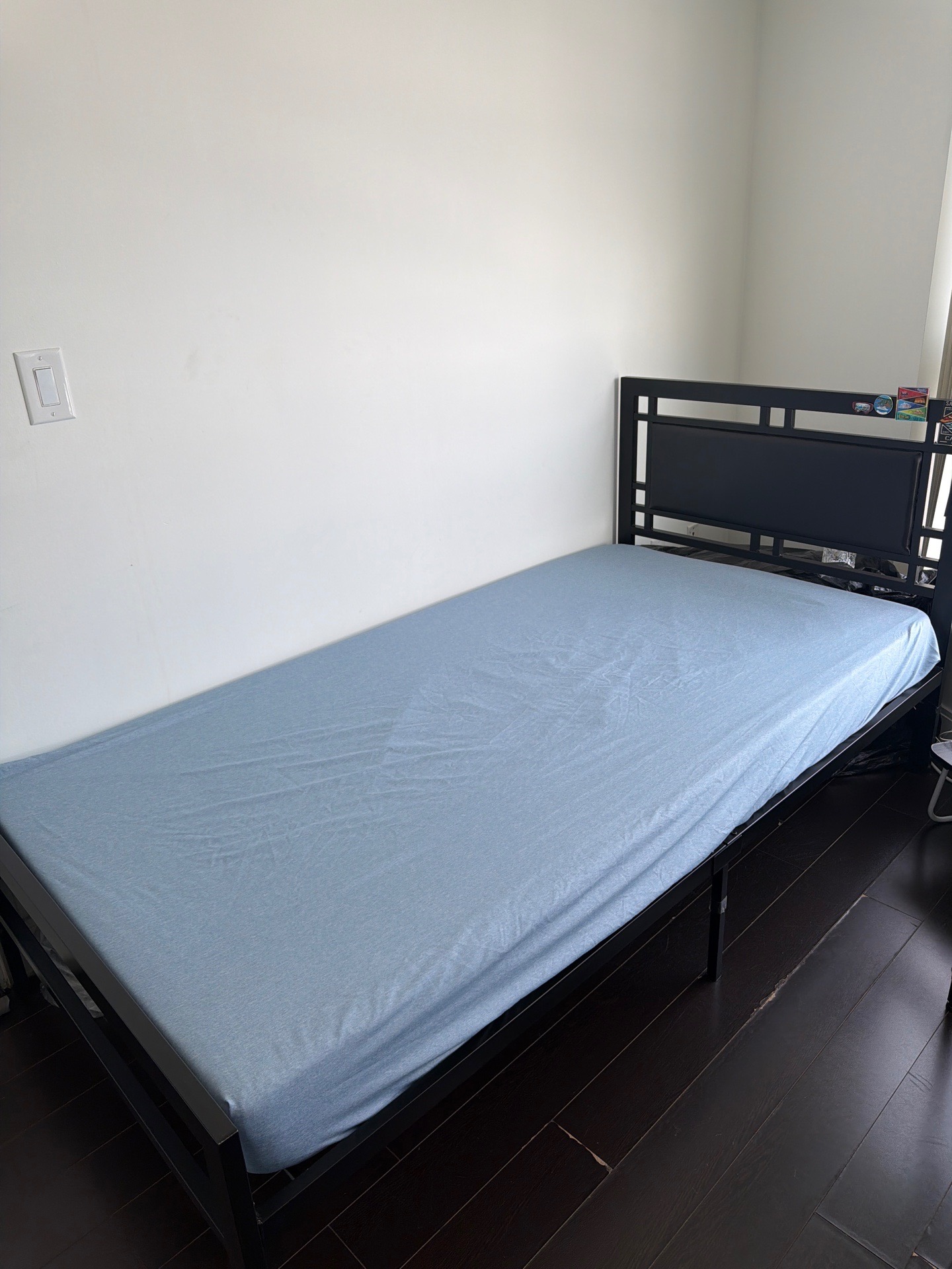 Modern Twin Bed Frame – Black Metal with Padded Headboard