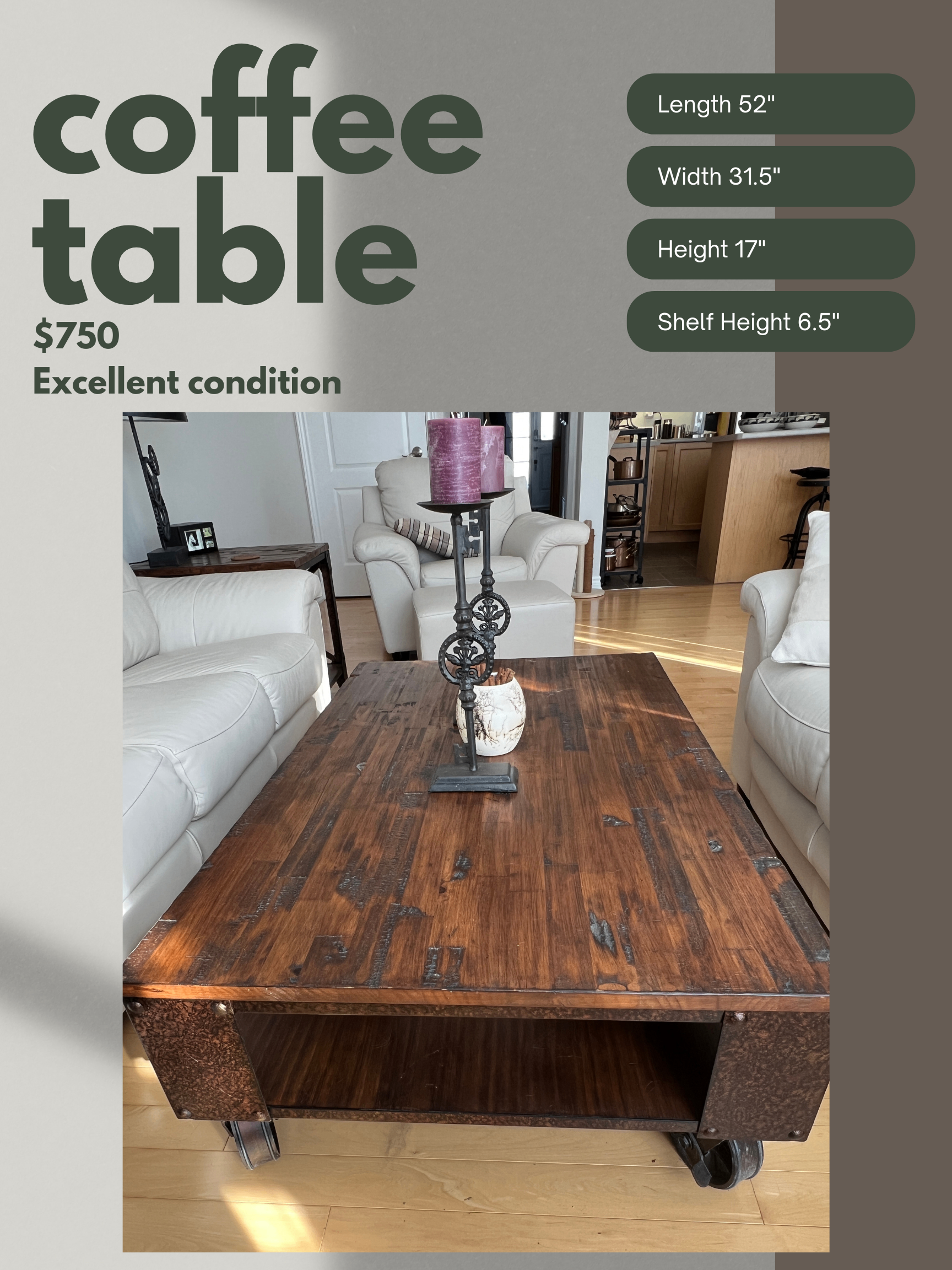Coffee Table - Solid Wood on Cast Iron Lockable Wheels