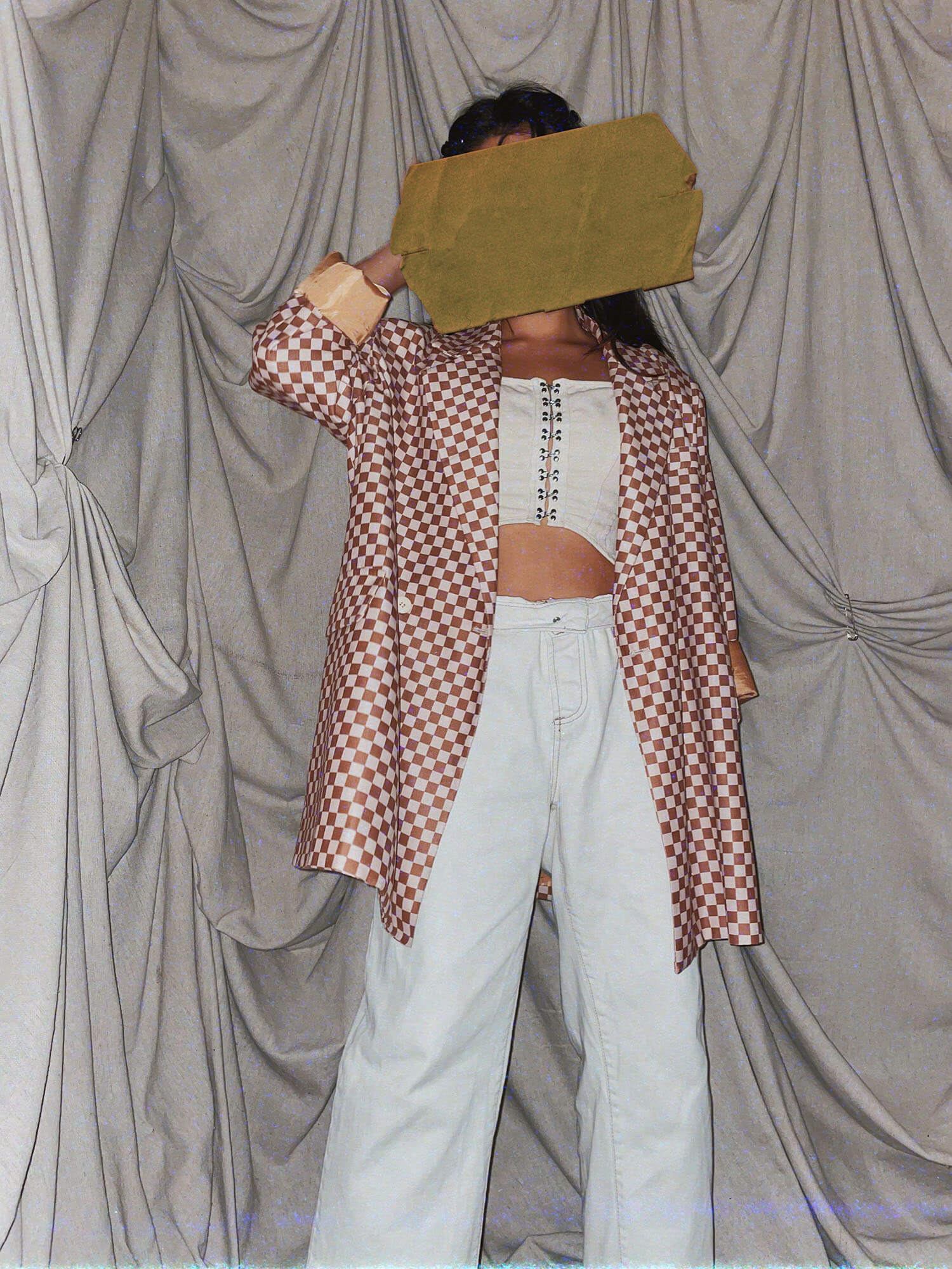 brown white checkered oversized boxy blazer jacket coat - photo 3