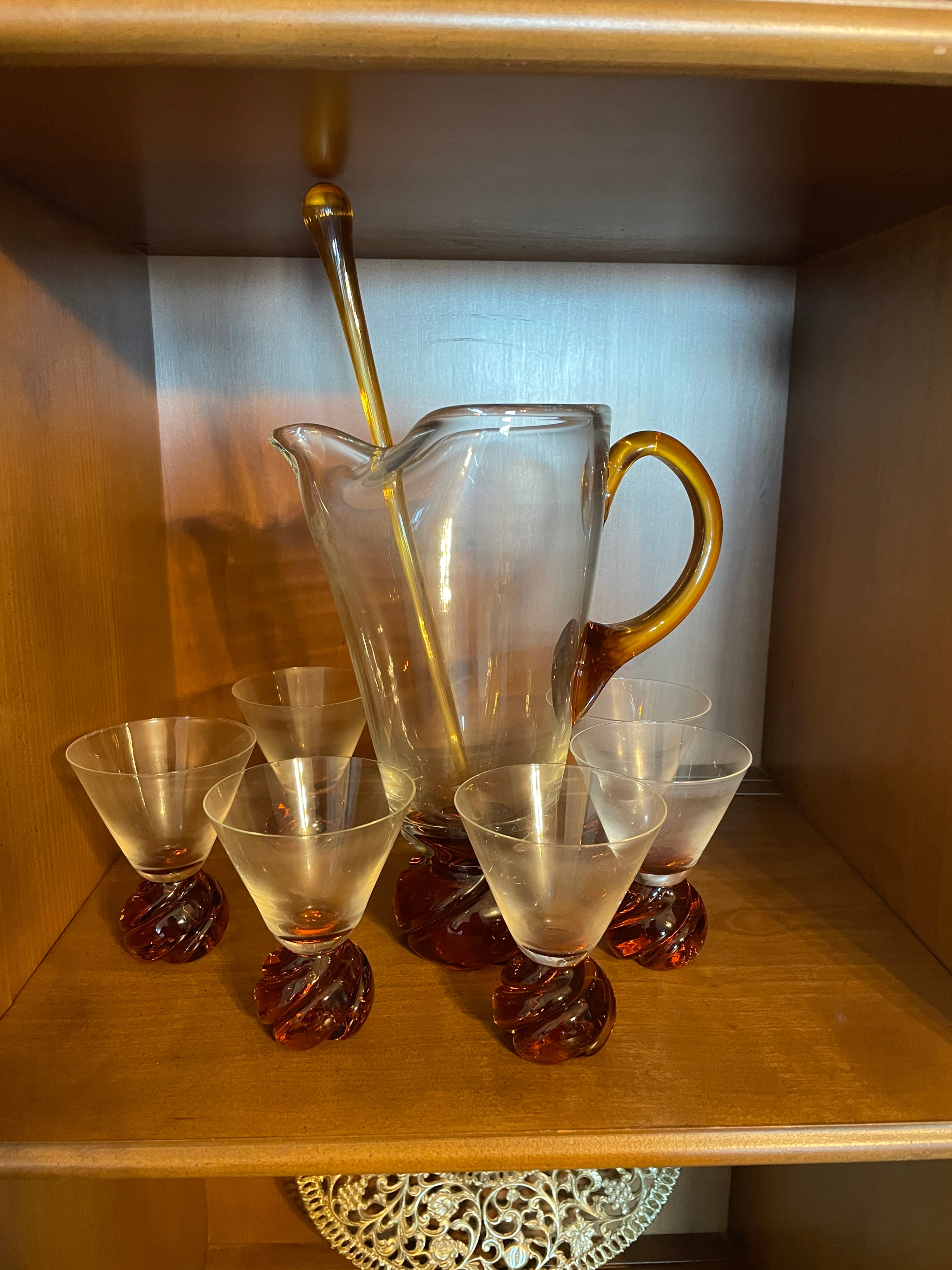 Vintage Art Glass Pitcher + 6 Glasses